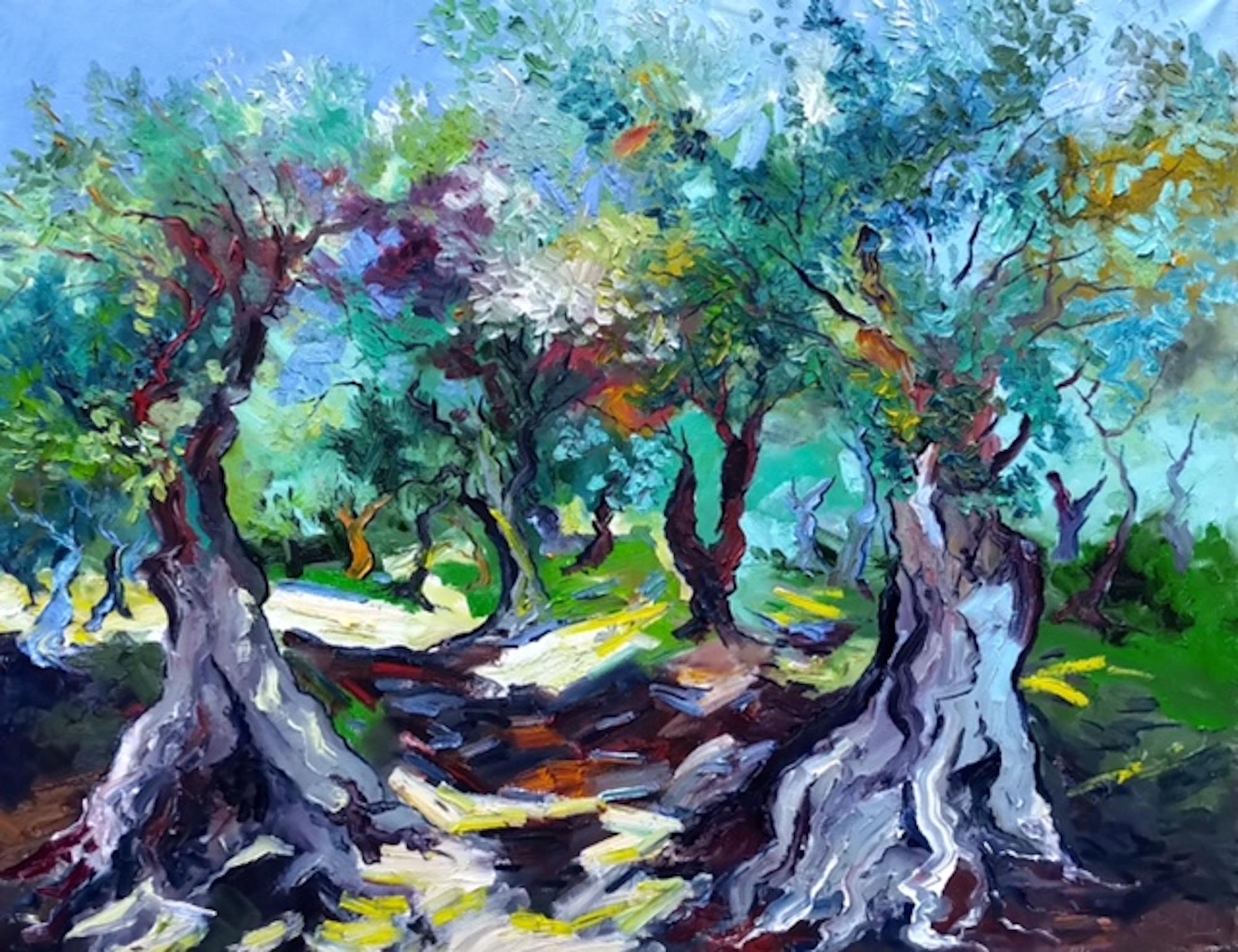 Denis Ribas  Abstract Painting - Morning lit Olive-trees - landscape nature painting modern contemporary art 