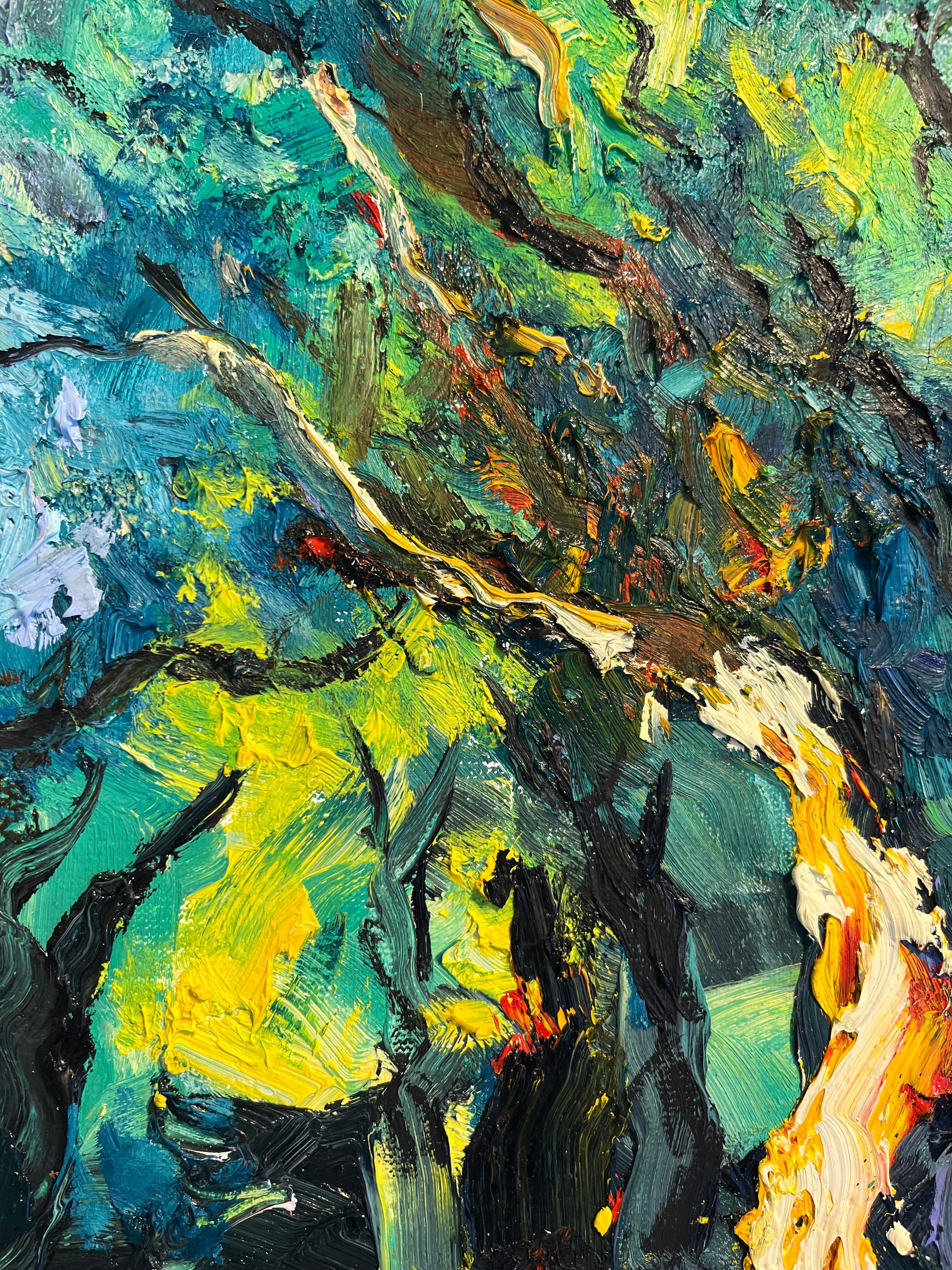 Bosque de primavera-Pintura al óleo original de paisaje impresionista-Arte contemporáneo - Landscape Painting Gris de Denis Ribas 