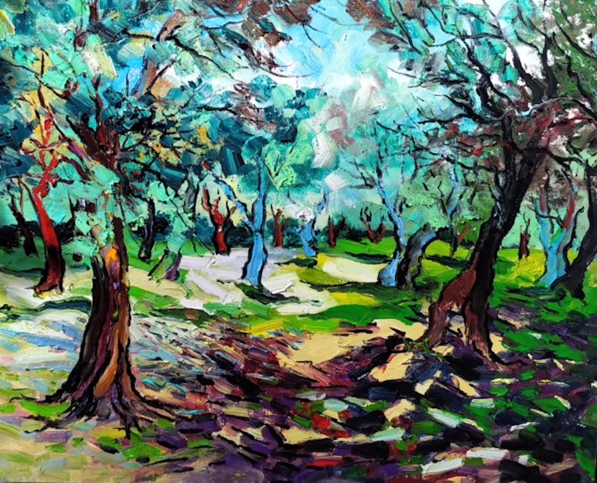 Denis Ribas  Abstract Painting - Spring Shadows - countryside landscape green blue artwork abstract contemporary