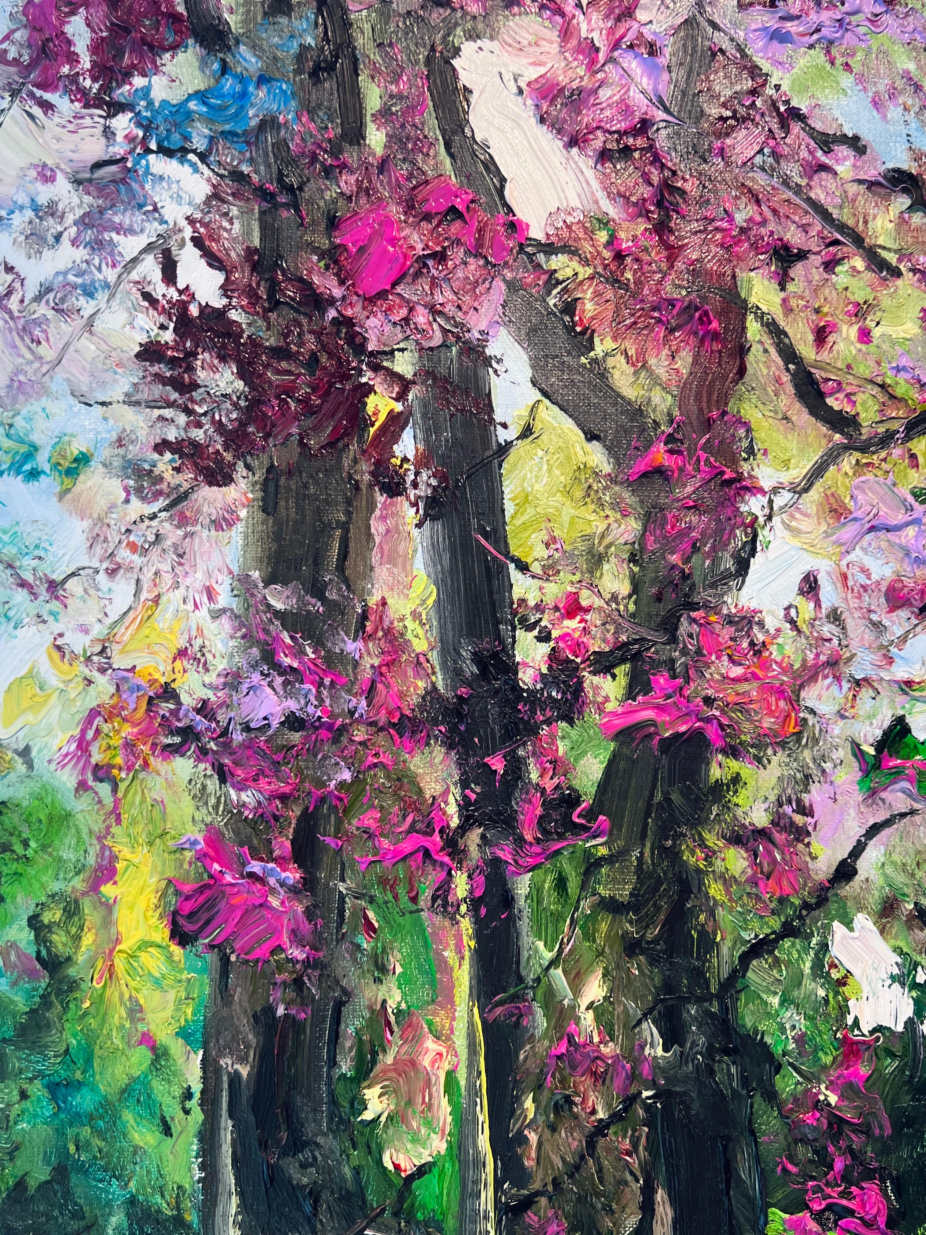 Forêt printanière - Peinture à l'huile impressionniste originale - Art contemporain - Noir Abstract Painting par Denis Ribas 