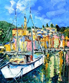 Vue d'un port d'été - Peinture à l'huile impressionniste de paysage marin de côte moderne