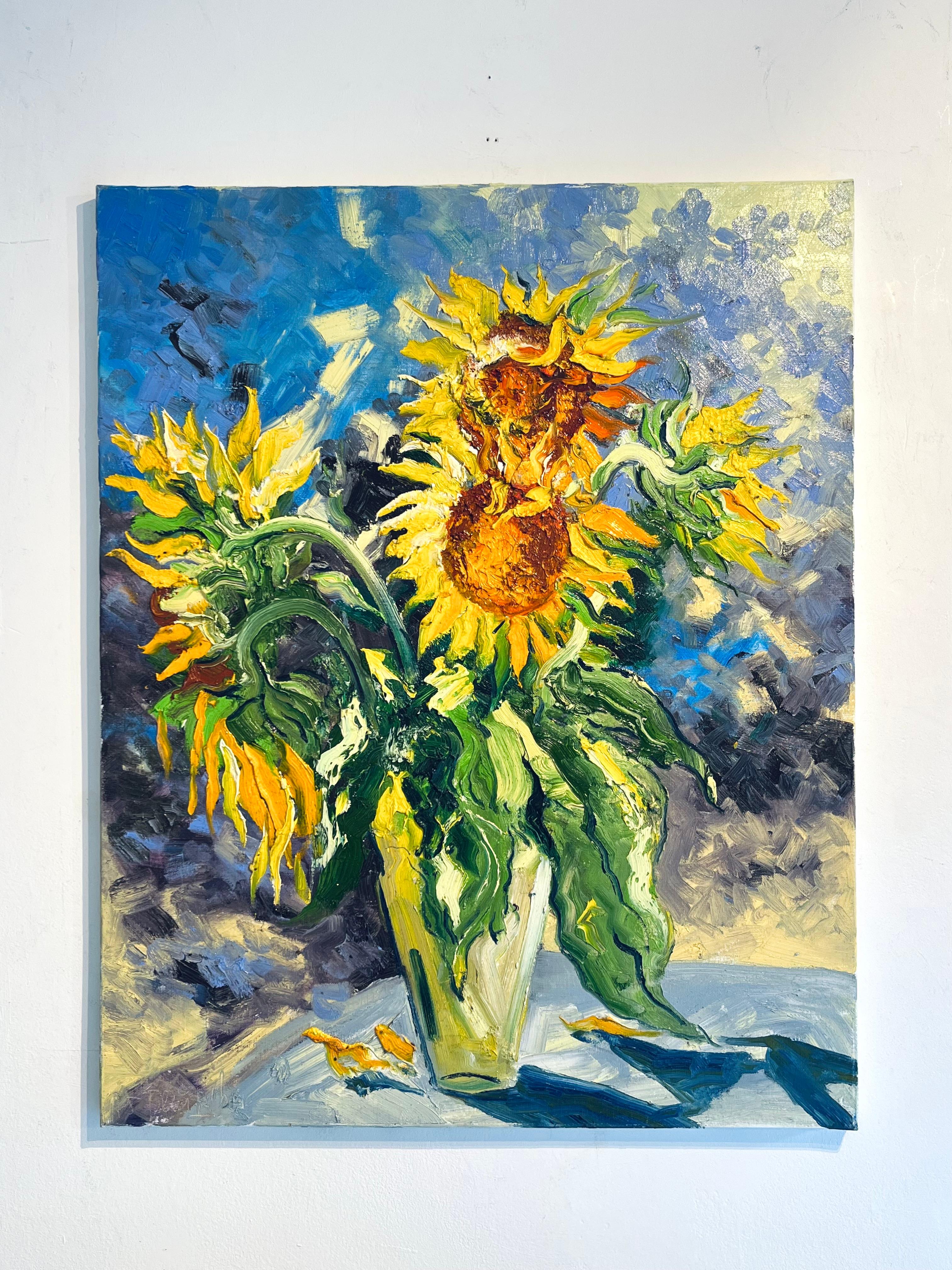 Sonnenblumen Strauß-originale Impressionismus Stilleben Gemälde-zeitgenössische Kunst – Painting von Denis Ribas 