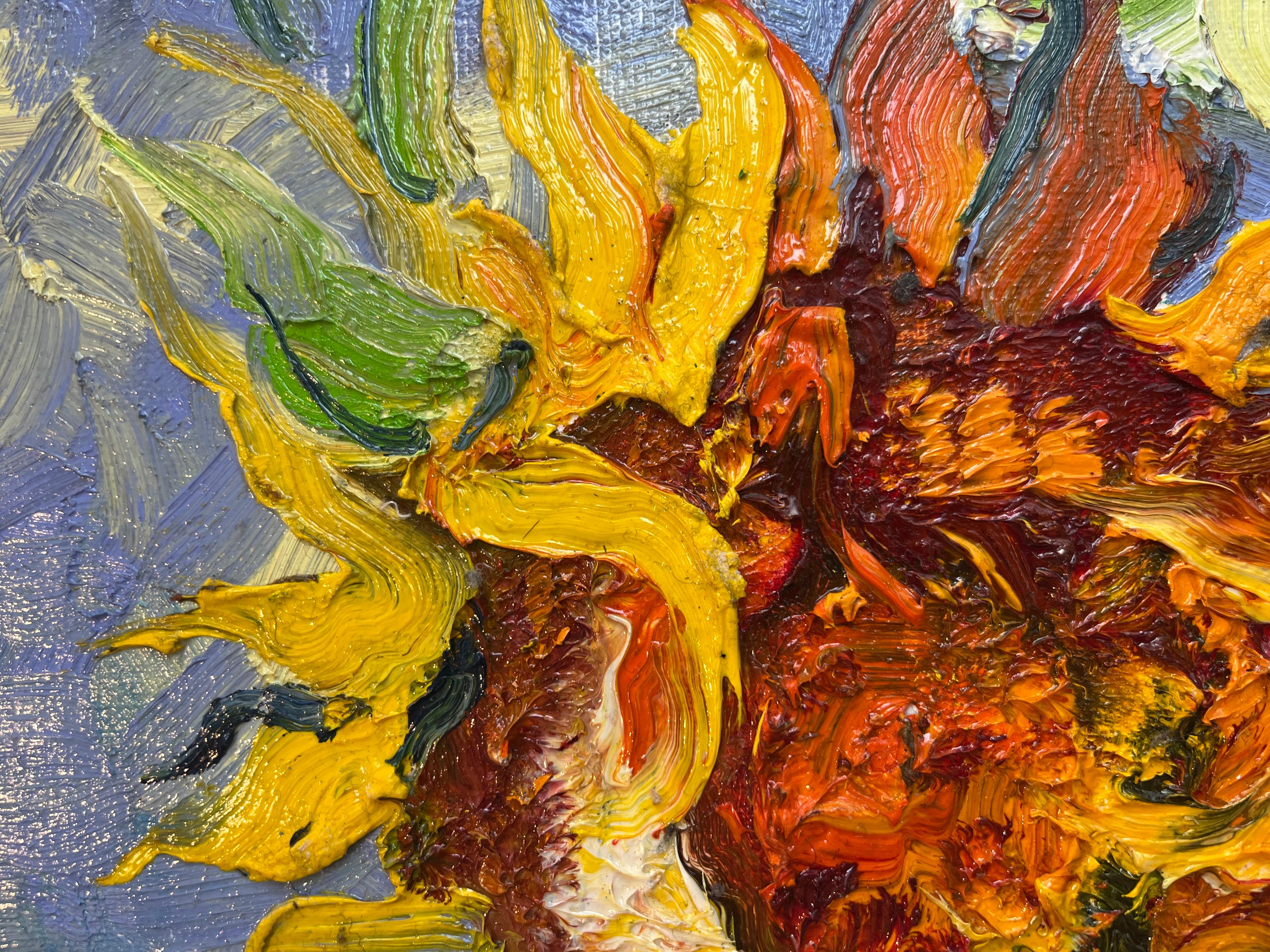 Sonnenblumen Strauß-originale Impressionismus Stilleben Gemälde-zeitgenössische Kunst (Braun), Still-Life Painting, von Denis Ribas 