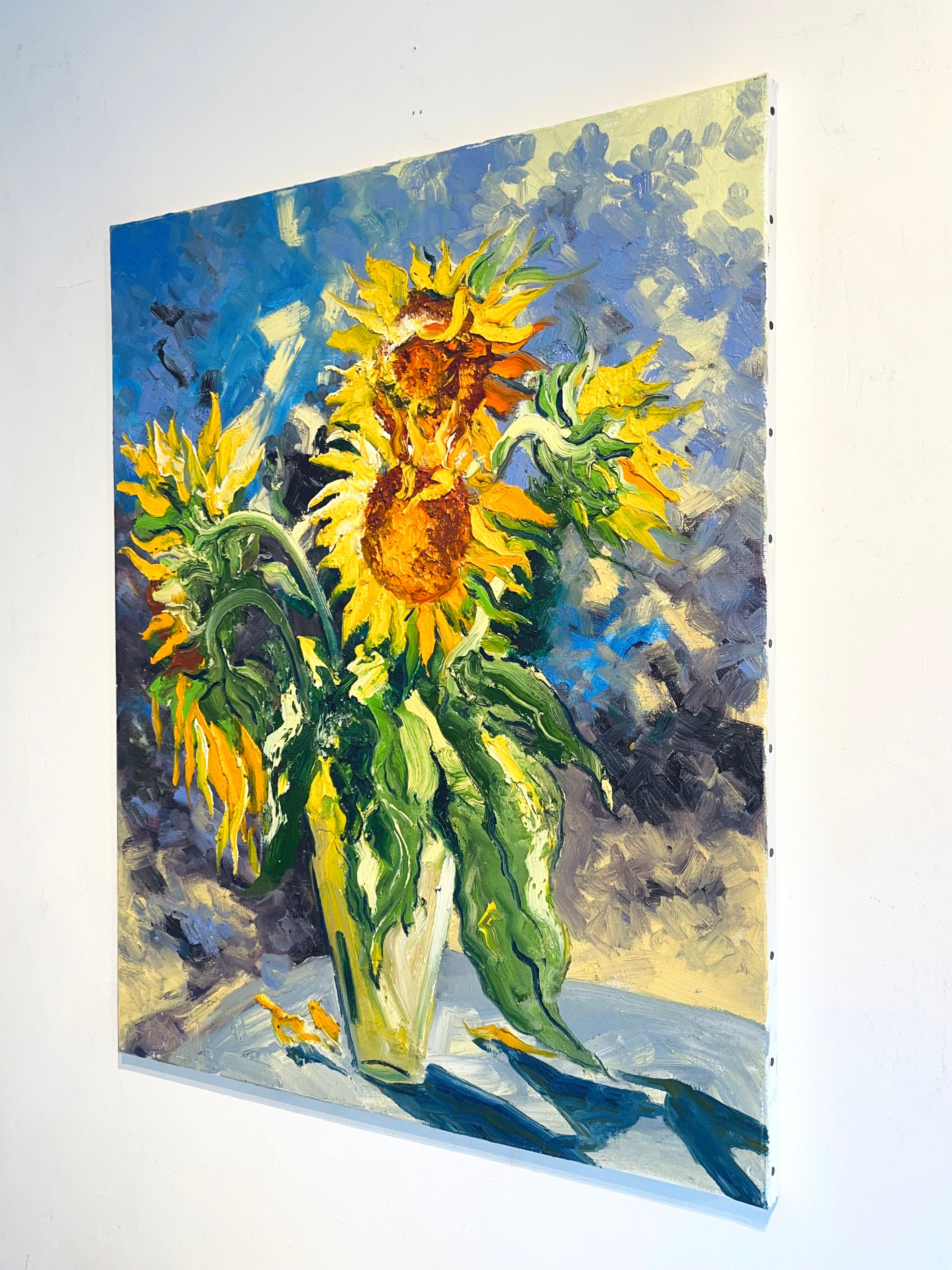 Bouquet de tournesols-natures mortes impressionnistes-original Art contemporain - Marron Still-Life Painting par Denis Ribas 