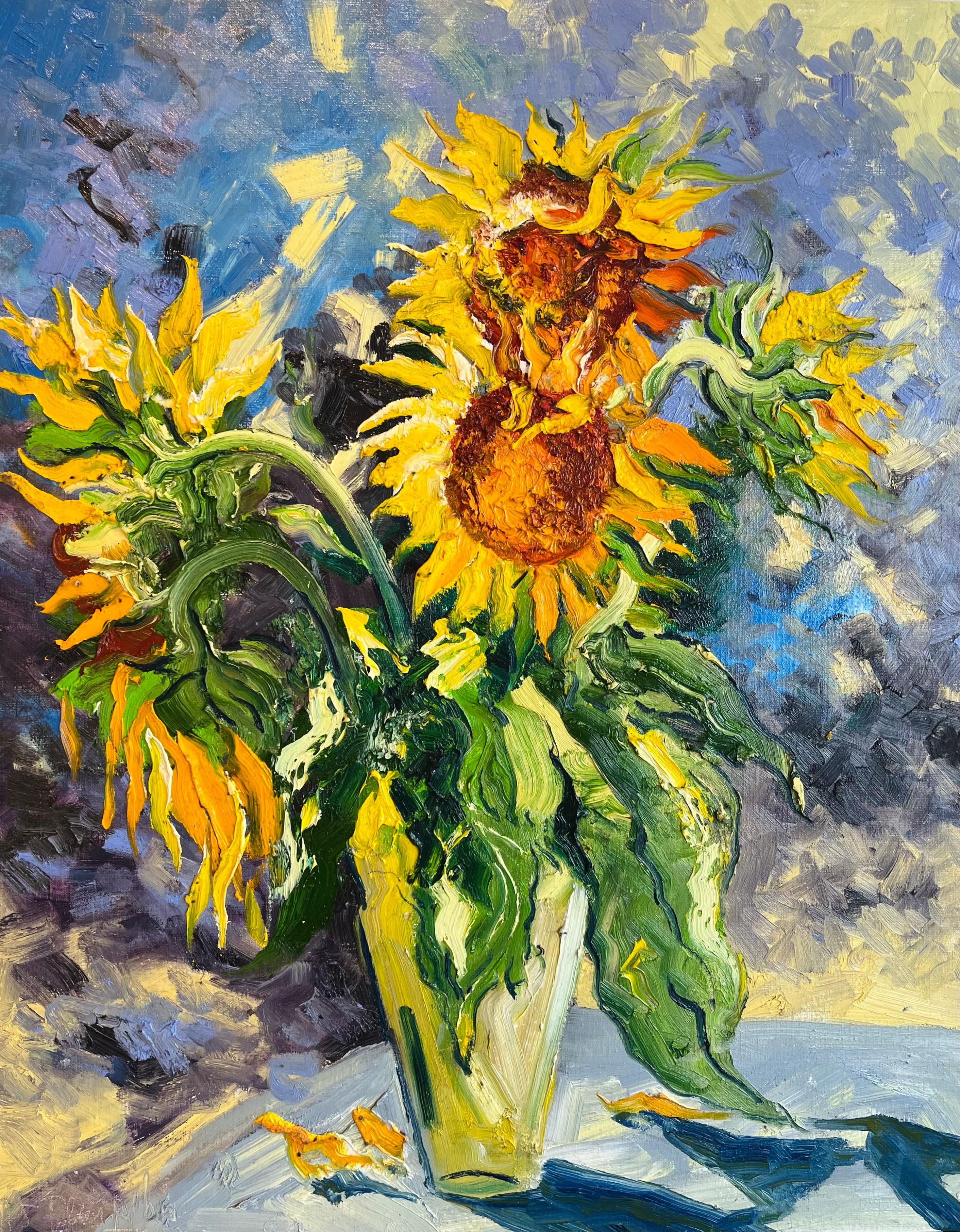 Denis Ribas  Still-Life Painting – Sonnenblumen Strauß-originale Impressionismus Stilleben Gemälde-zeitgenössische Kunst