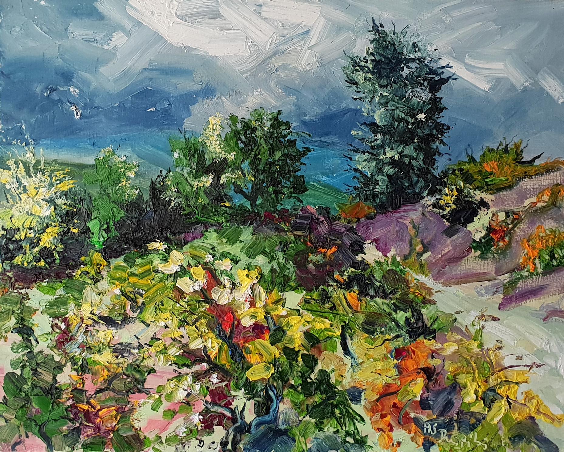 Vines Garden – Impressionismus im Originalstil  Landschaft Ölgemälde - Zeitgenössische Kunst