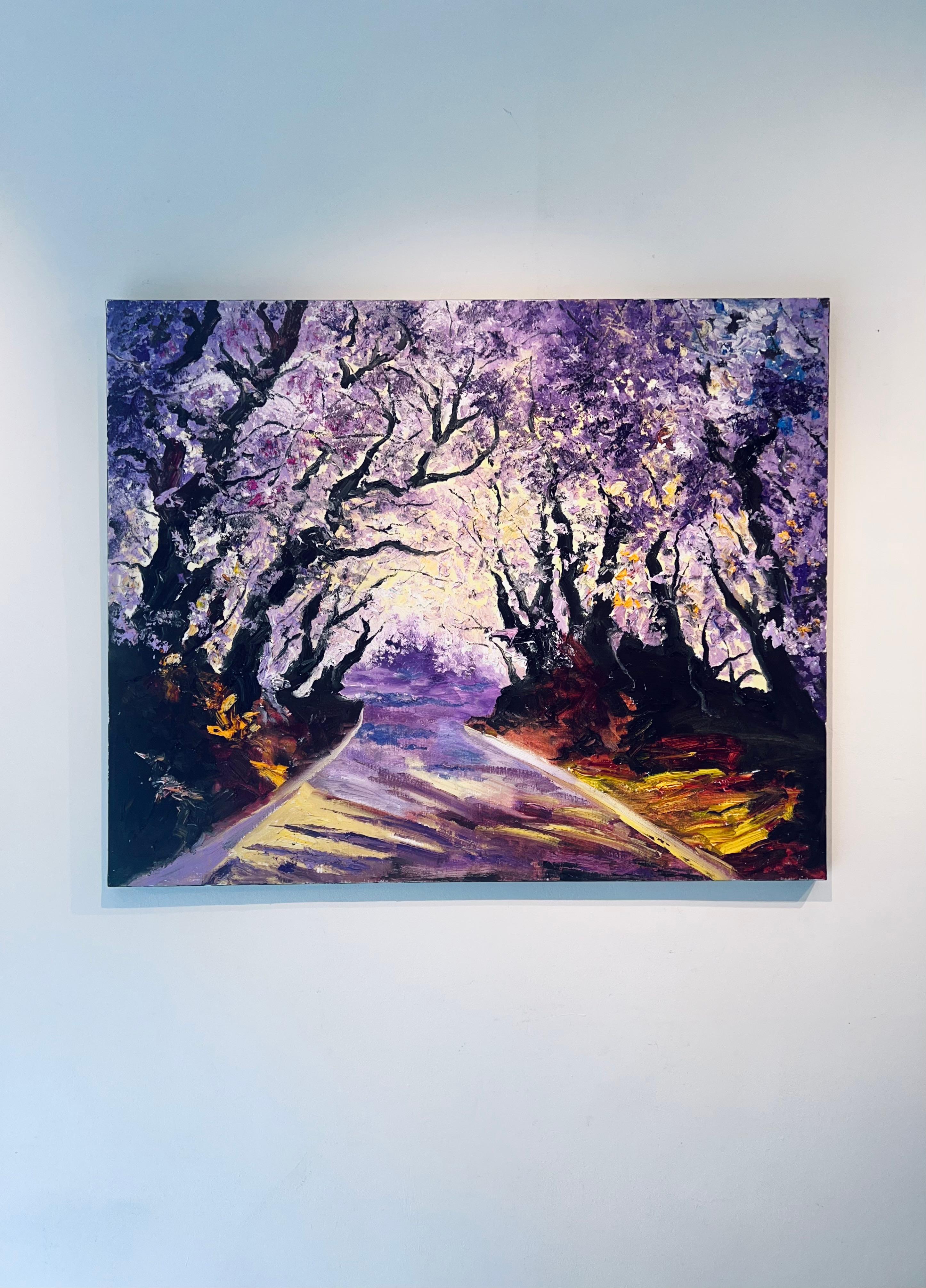 Violet Path - Original impressionism landscape oil painting - contemporary Art - Painting by Denis Ribas 