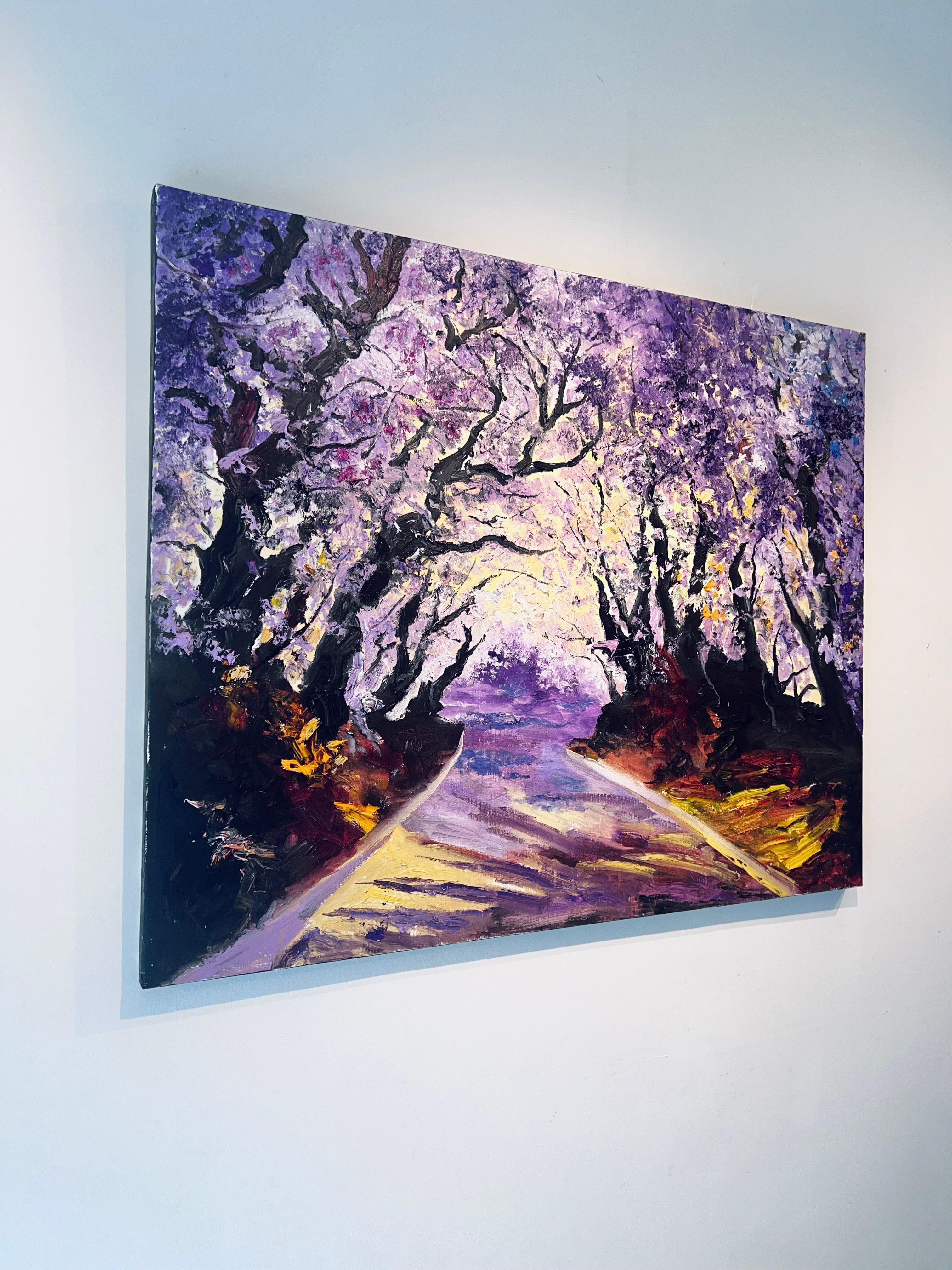 Violet Path - Original impressionism landscape oil painting - contemporary Art - Abstract Impressionist Painting by Denis Ribas 