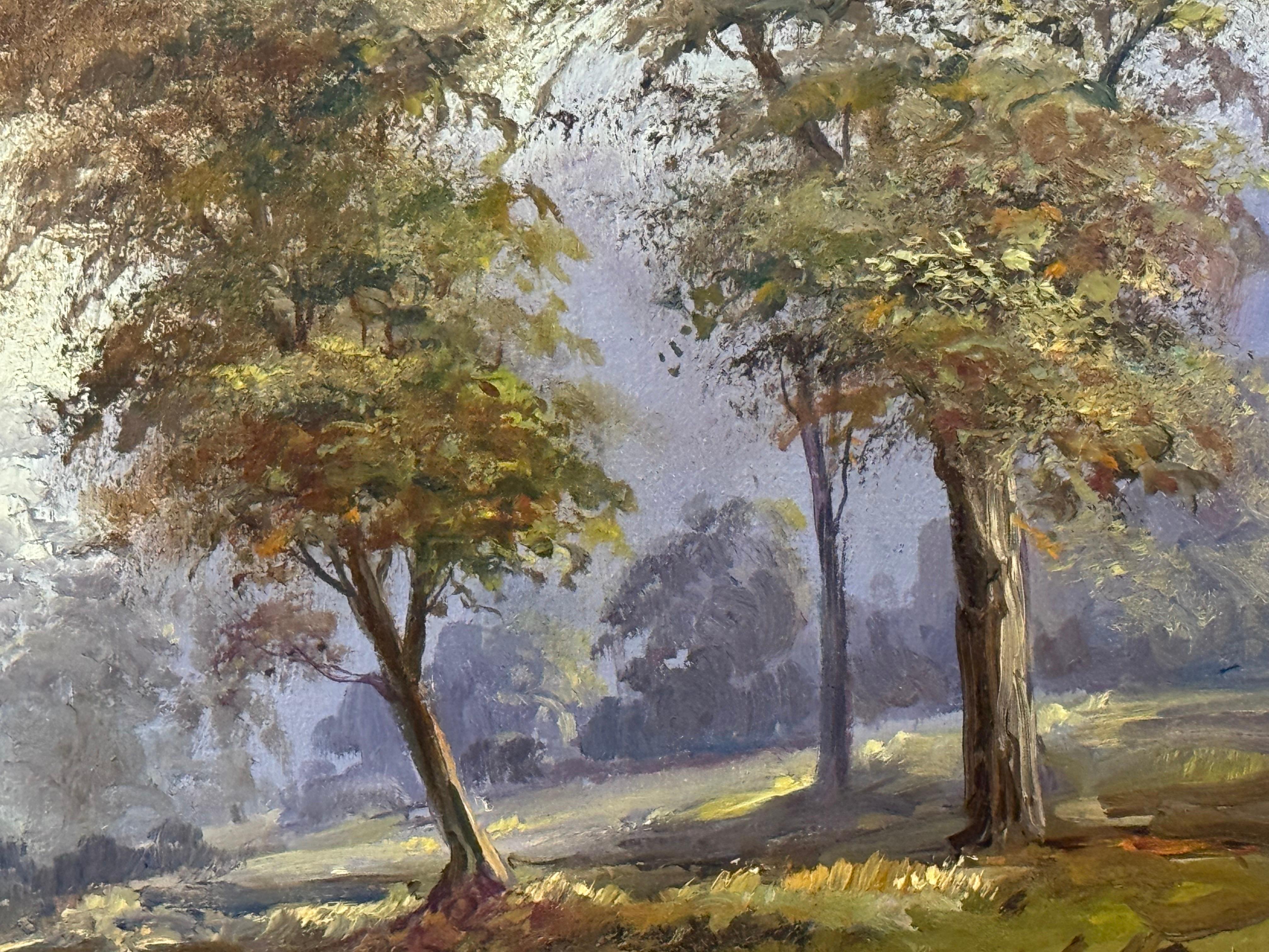 Pintura al óleo de un río arbolado en un bosque de Irlanda por un artista irlandés en venta 3
