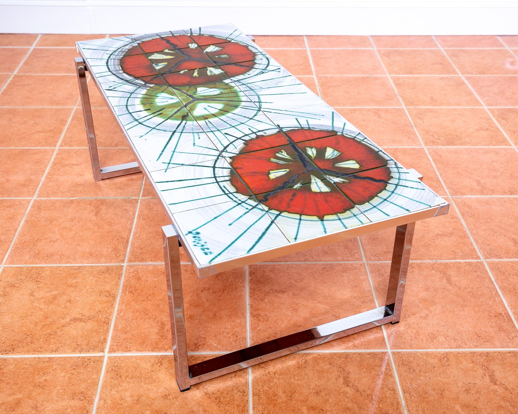 Belge Grande table basse DeNisco en céramique chromée carrelée lave grasse, milieu du siècle 1970 MCM en vente