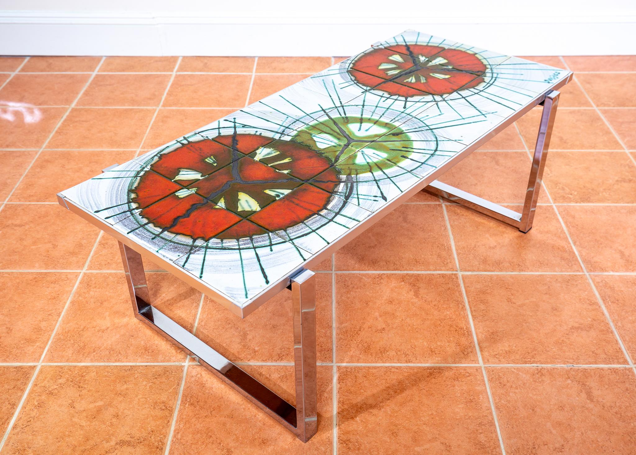 Aluminium Grande table basse DeNisco en céramique chromée carrelée lave grasse, milieu du siècle 1970 MCM en vente