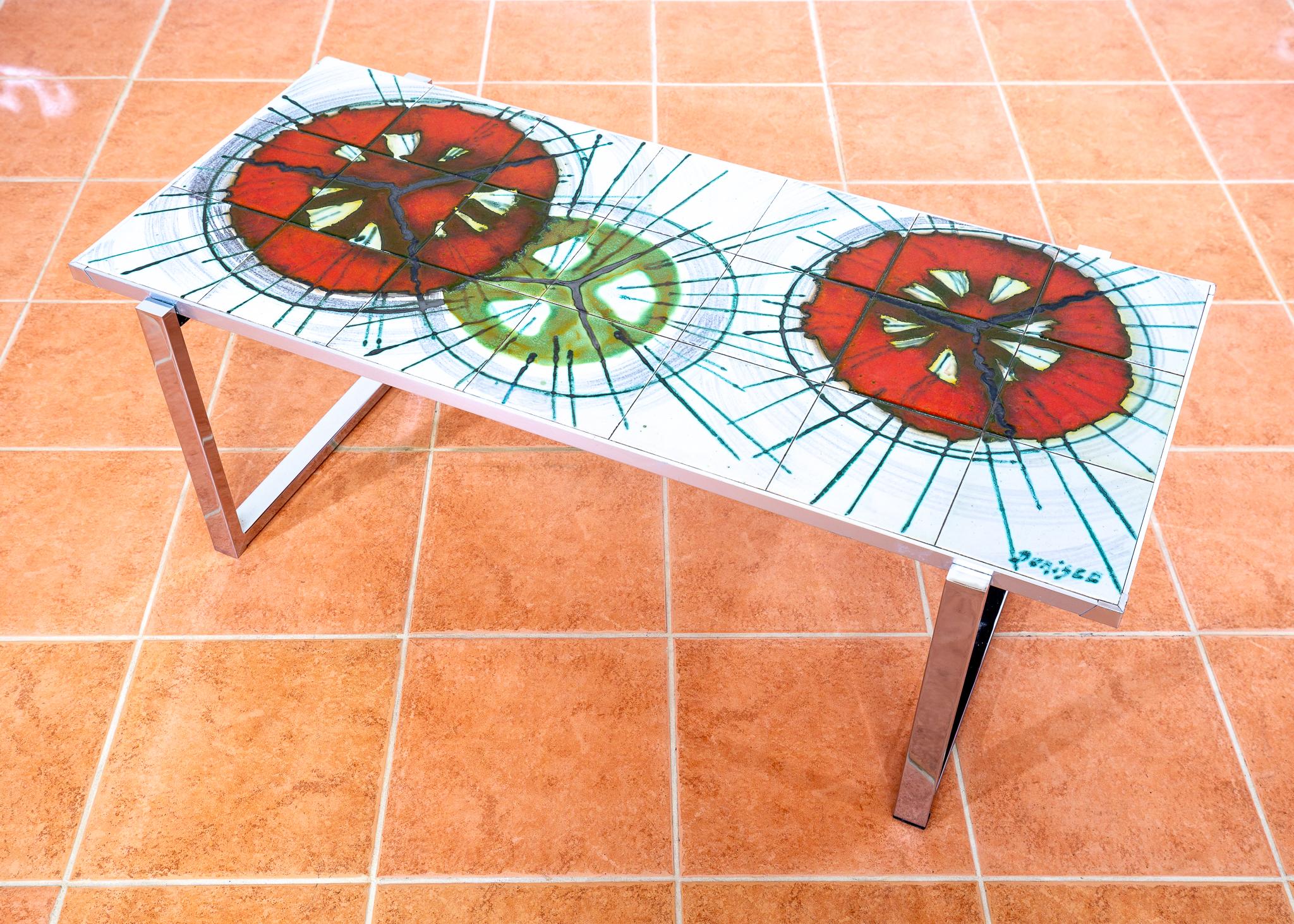 Grande table basse DeNisco en céramique chromée carrelée lave grasse, milieu du siècle 1970 MCM Bon état - En vente à London, GB
