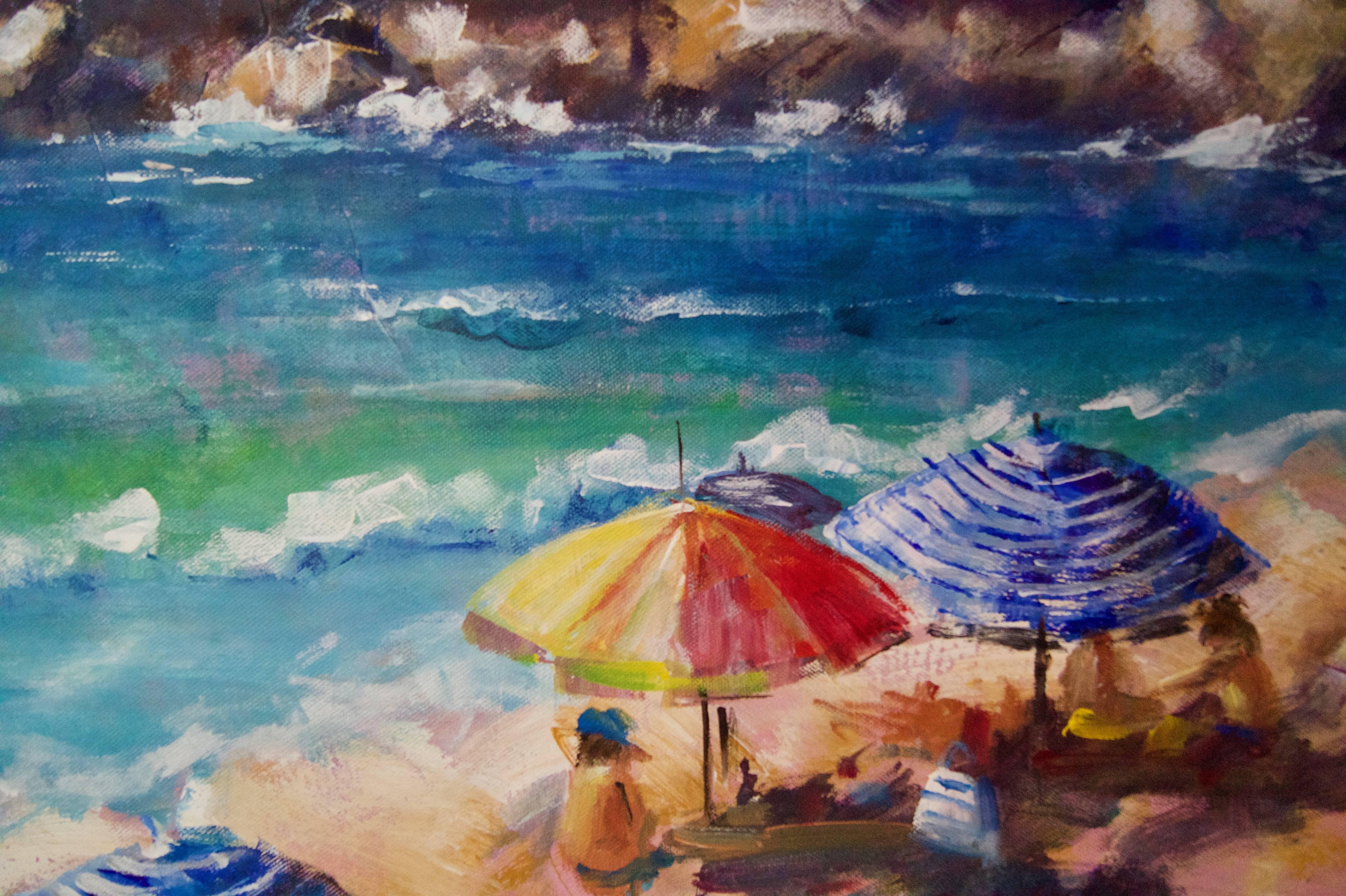 Brolly Day - Late 20th Century Impressionist Oil Landscape of Majorca Allen - Post-Impressionist Painting by Denise Allen