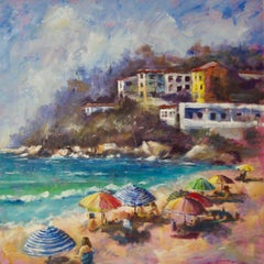 Retro Brolly Day - Late 20th Century Impressionist Oil Landscape of Majorca Allen