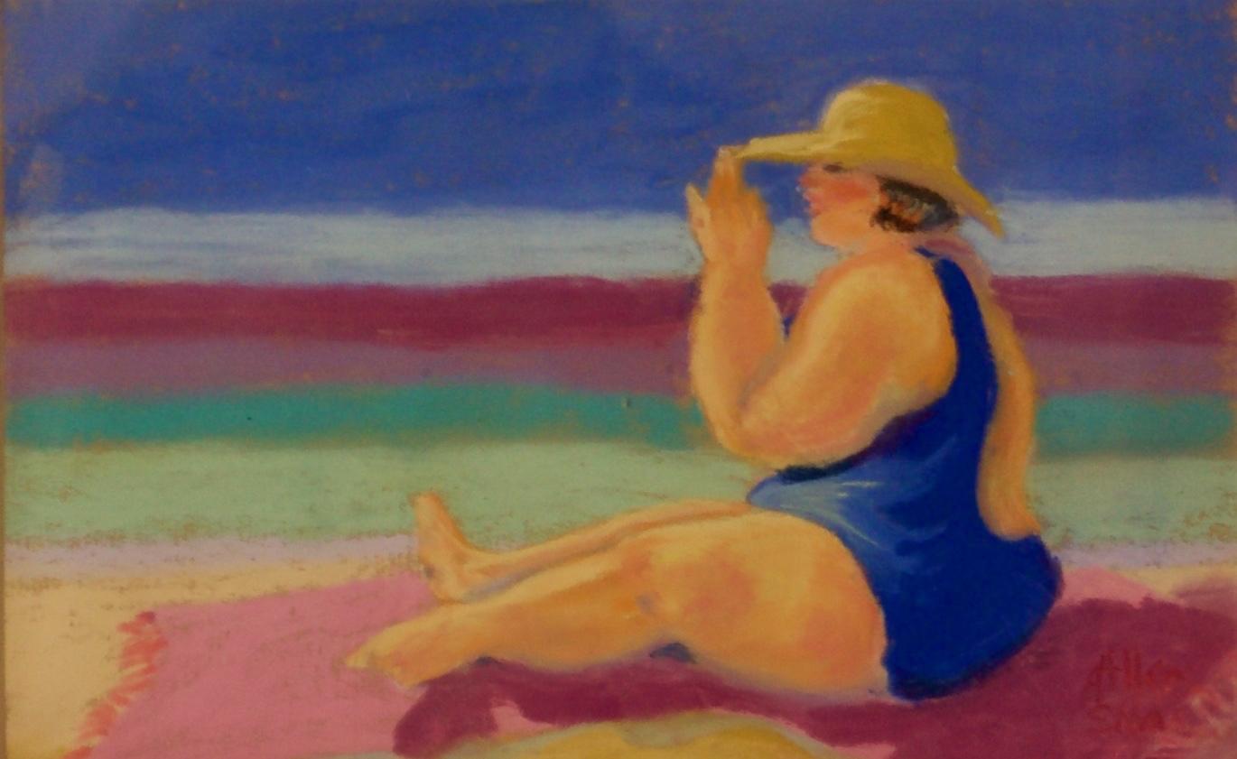Denise Allen Landscape Painting - Full Figured Lady at the Beach