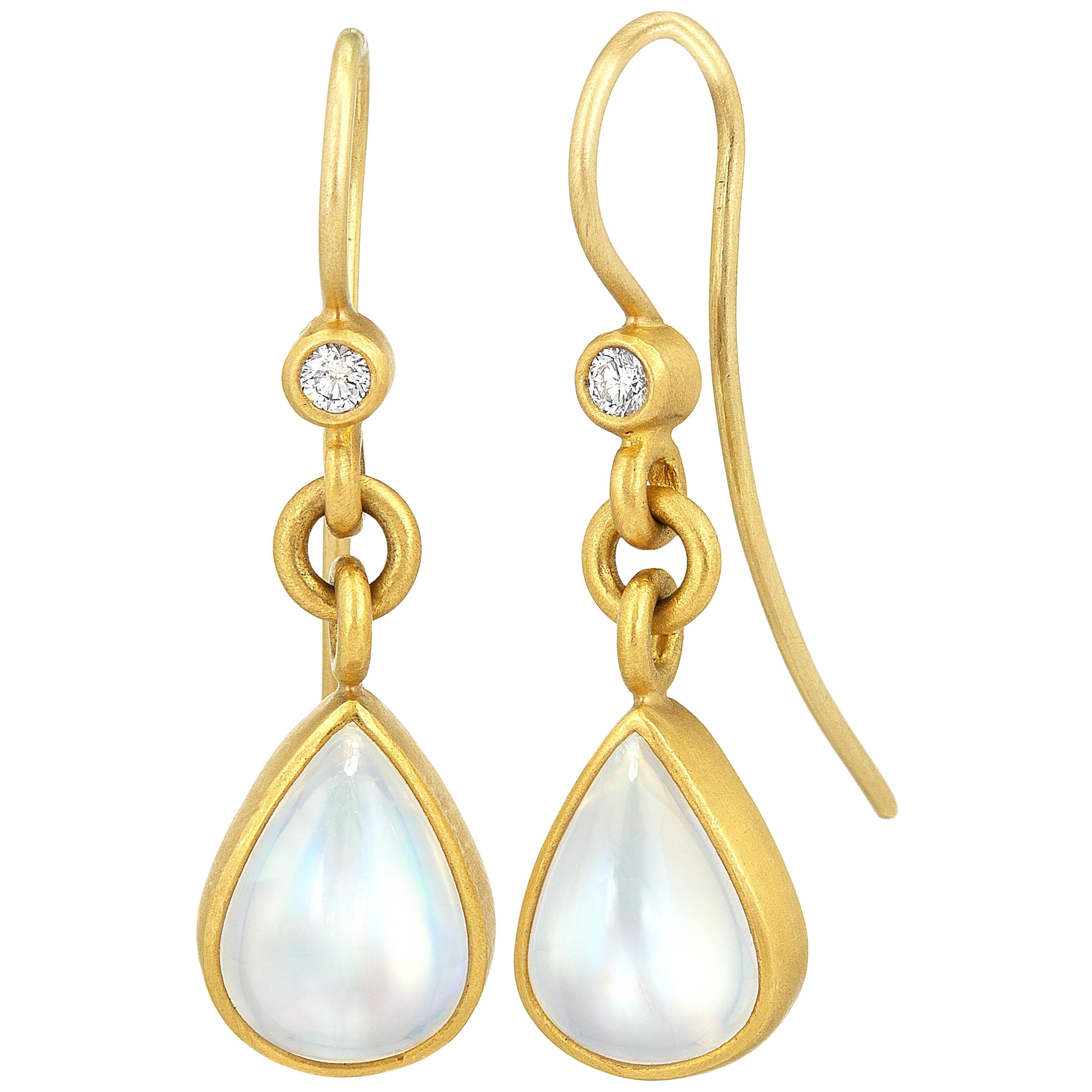 Denise Betesh Blue Moonstone Pear White Diamond Dangle Drop Earrings