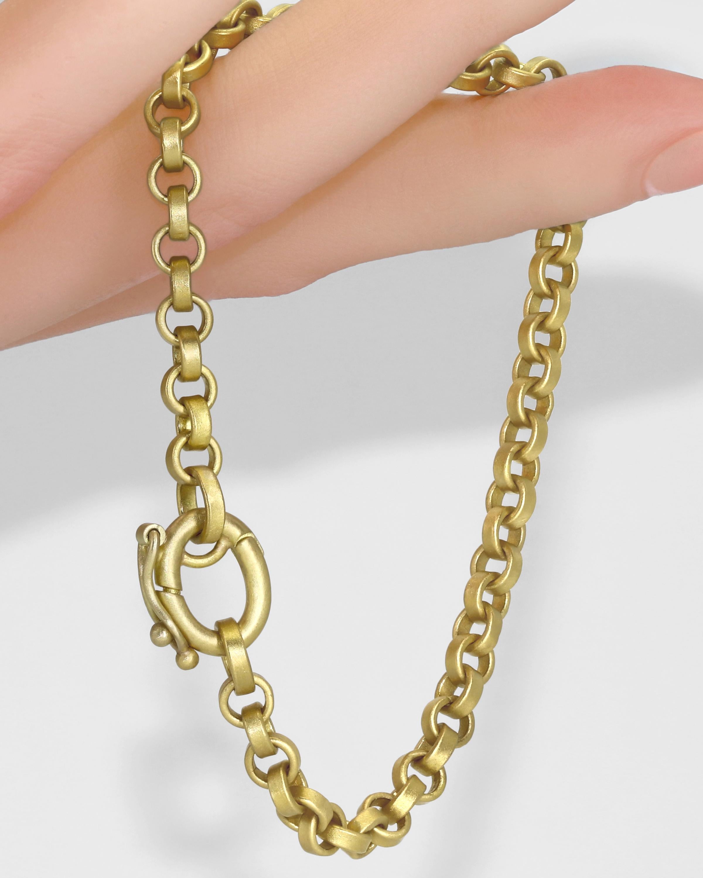Handmade Heavy 4mm Round Rolo Link Chain Bracelet by jewelry maker Denise Betesh featuring individually hand-fabricated heavy round rolo links in the artist's signature-finished 22k yellow gold and finished with a beautiful handmade double-locking