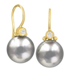 Denise Betesh Natural Tahitian Pearl White Diamond Gold Drop Earrings