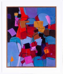 French 20th Century abstract with blocks of reds, blues and purples