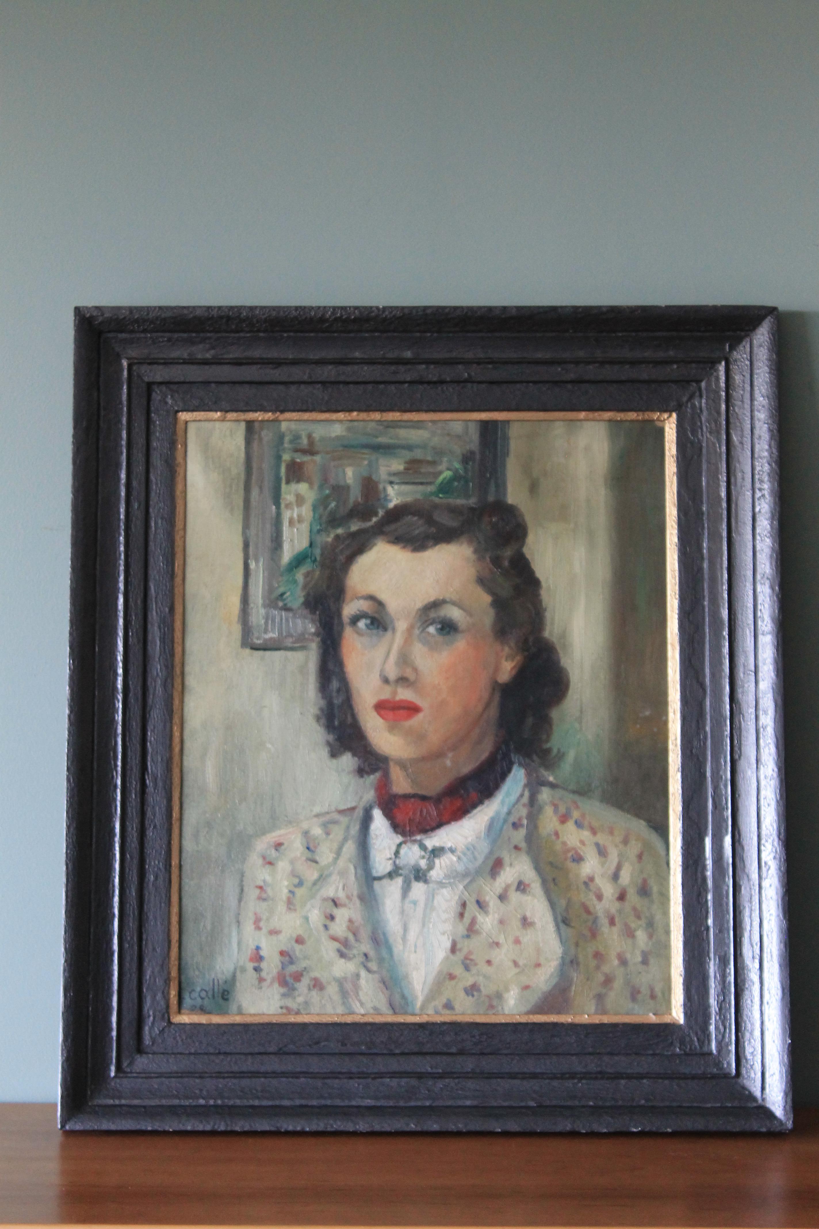 1936 Vintage Pintura Retrato de la Artista, firmado Retrato femenino al óleo - Painting Moderno de Denise Callé