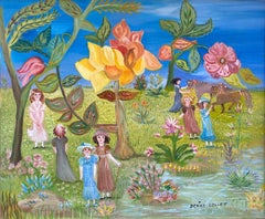 Ragazze e pony: dipinto naïf surrealista outsider in stile Alice nel Paese delle Meraviglie