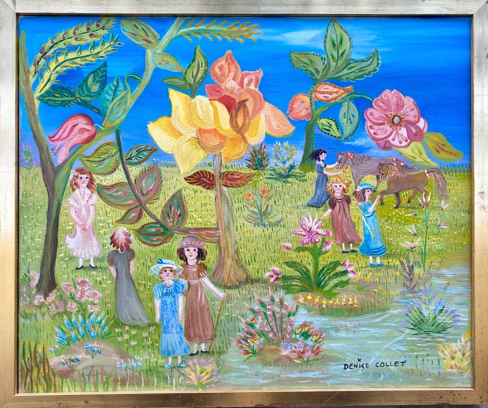 Denise Collet Landscape Painting – Mädchen und Ponys: naive surrealistische Malerei im Stil von Alice im Wunderland