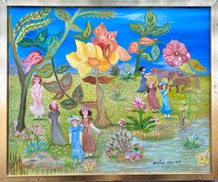 Girls and Ponies: naive surrealist outsider Alice in Wonderland style painting