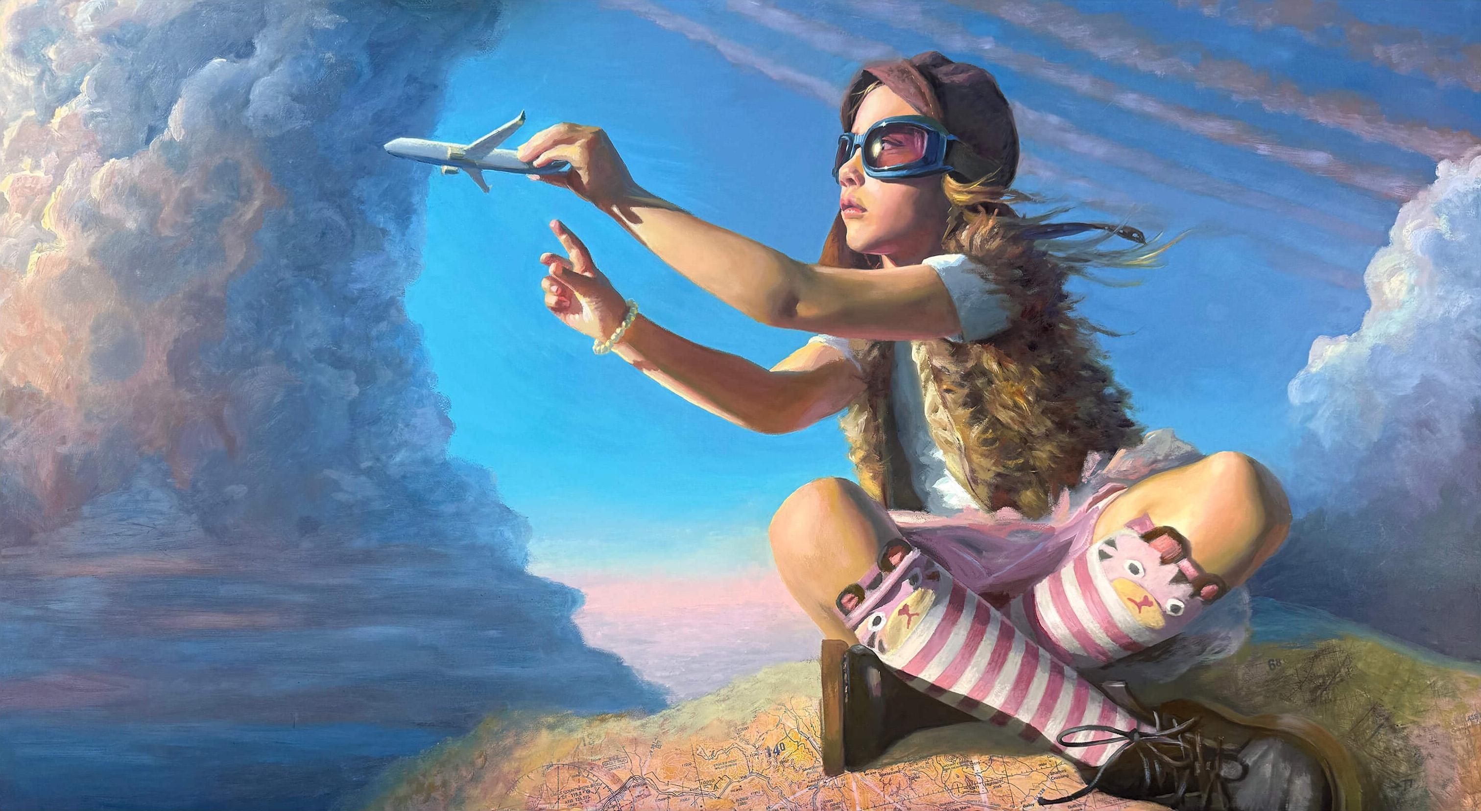 "Cruising Altitude" (2025) Originalporträt eines jungen Mädchens, Ölgemälde