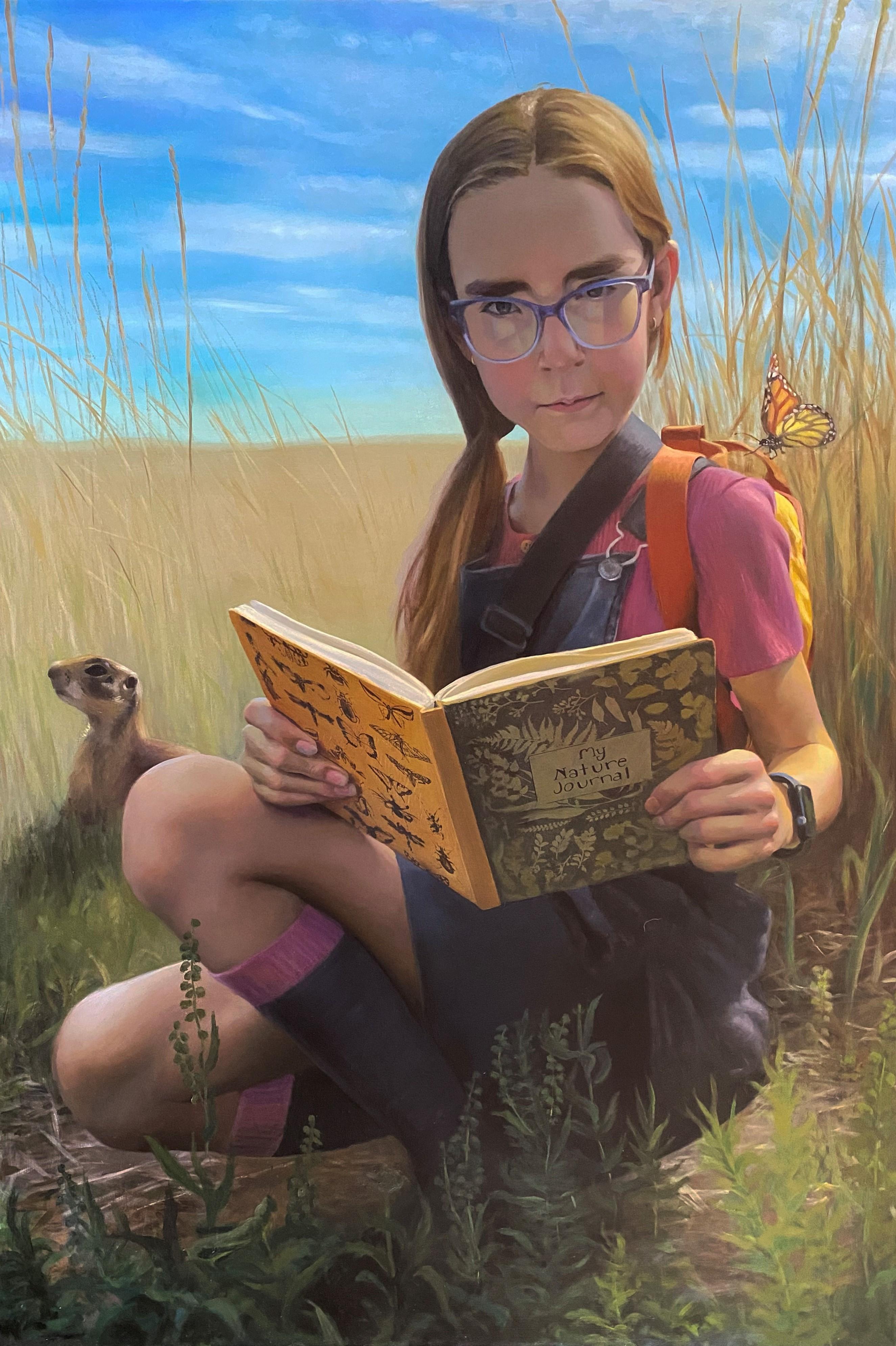 "Open-Ended" (2024) de Denise Dambrackas est une peinture originale en techniques mixtes qui représente une jeune fille explorant la nature. Cette peinture mesure 37.63 x 25.63 pouces encadrée et est prête à être accrochée.