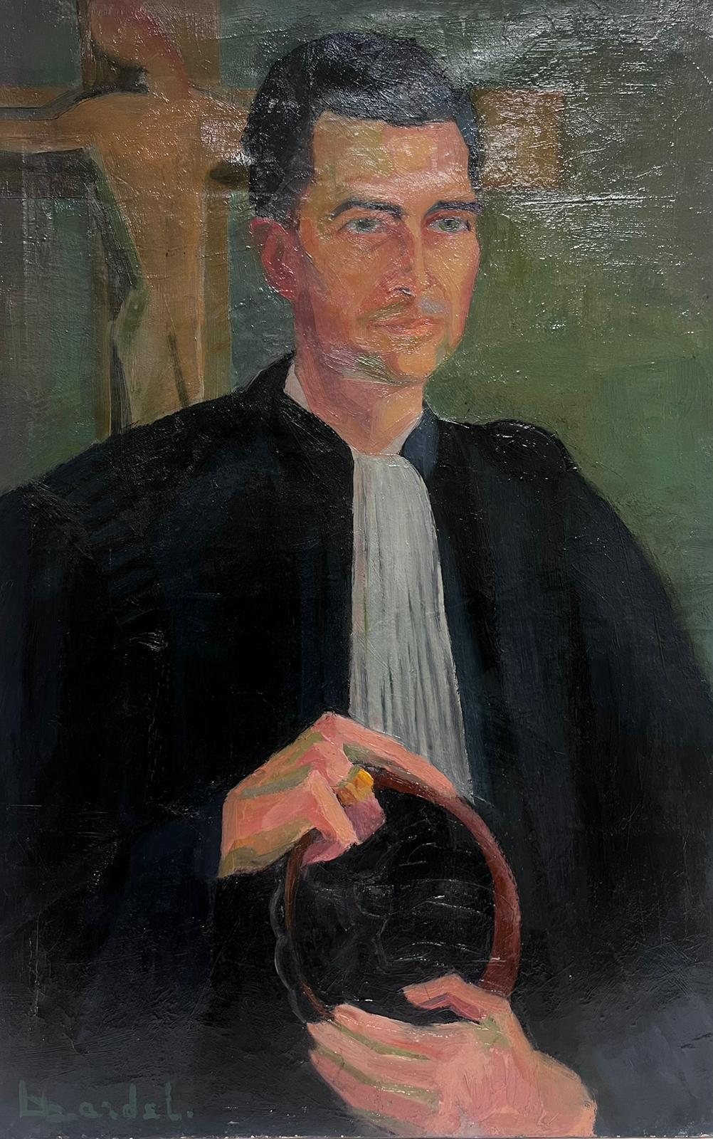 190's French Post-Impressionist Signed Oil Portrait of Male French Priest - Painting by Denise Dardel