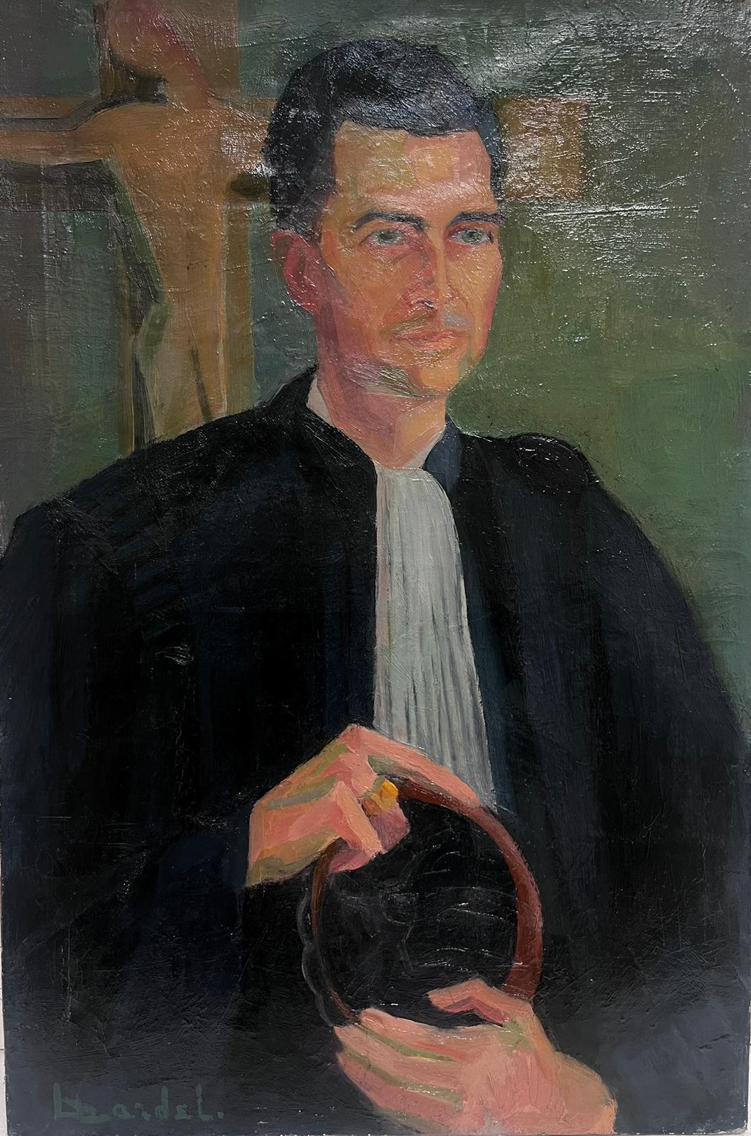 Figurative Painting de Denise Dardel - Retrato al óleo postimpresionista francés de 190 firmado de un sacerdote francés varón