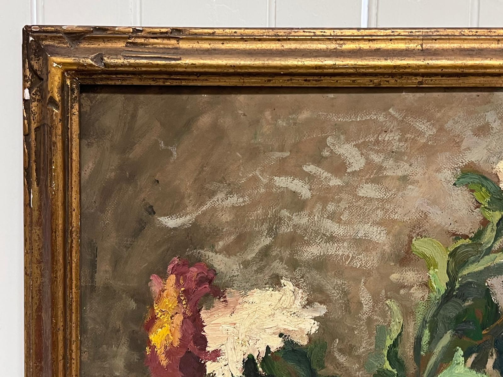 1940's French Post Impressionist Signed Oil Flowers in Vase Period Gilt Frame For Sale 7