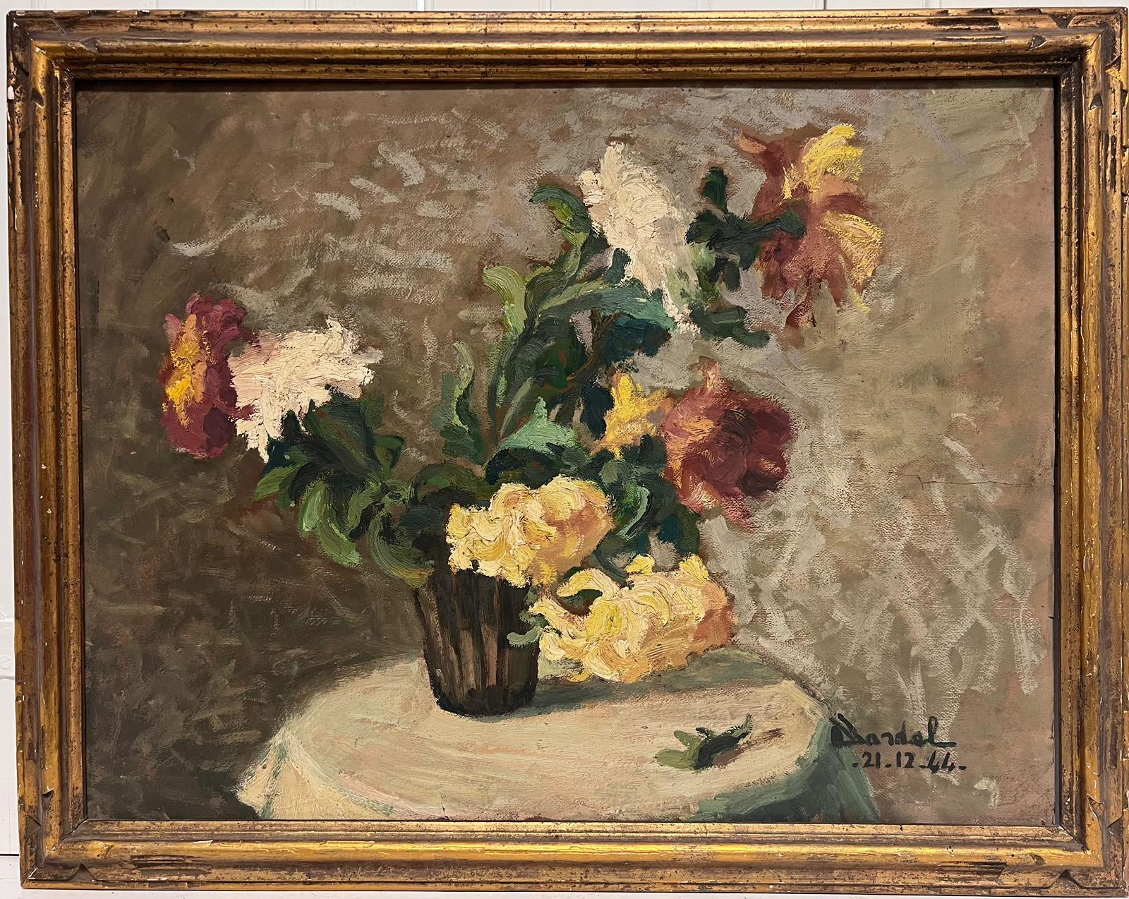 1940's French Post Impressionist Signed Oil Flowers in Vase Period Gilt Frame - Painting by Denise Dardel