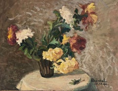Fleurs à l'huile françaises post-impressionnistes des années 1940 signées dans un cadre doré d'époque vase