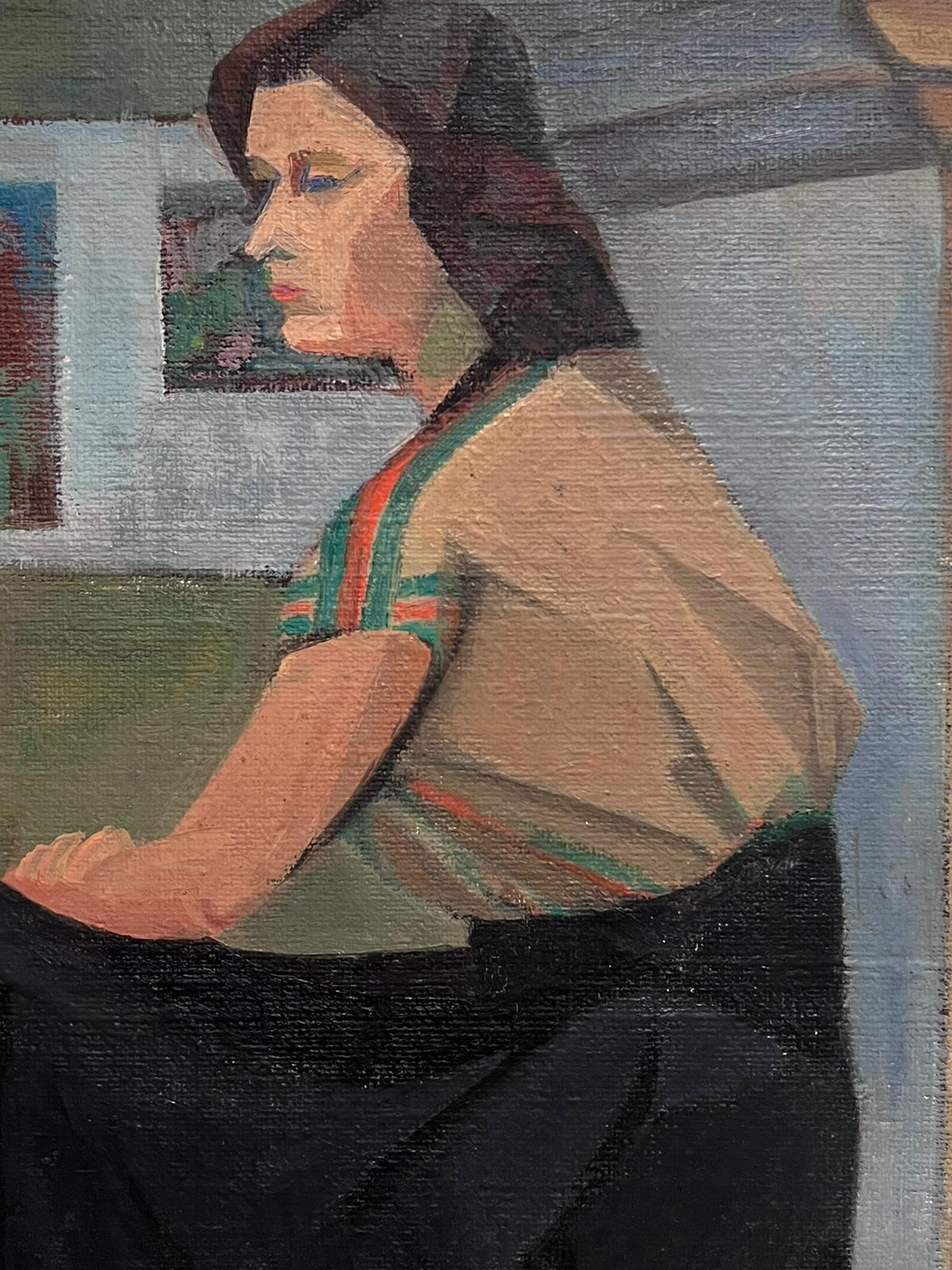 1940's Óleo Francés Firmado Retrato Dama Sentada en Interior Obra de Doble Cara - Painting de Denise Dardel