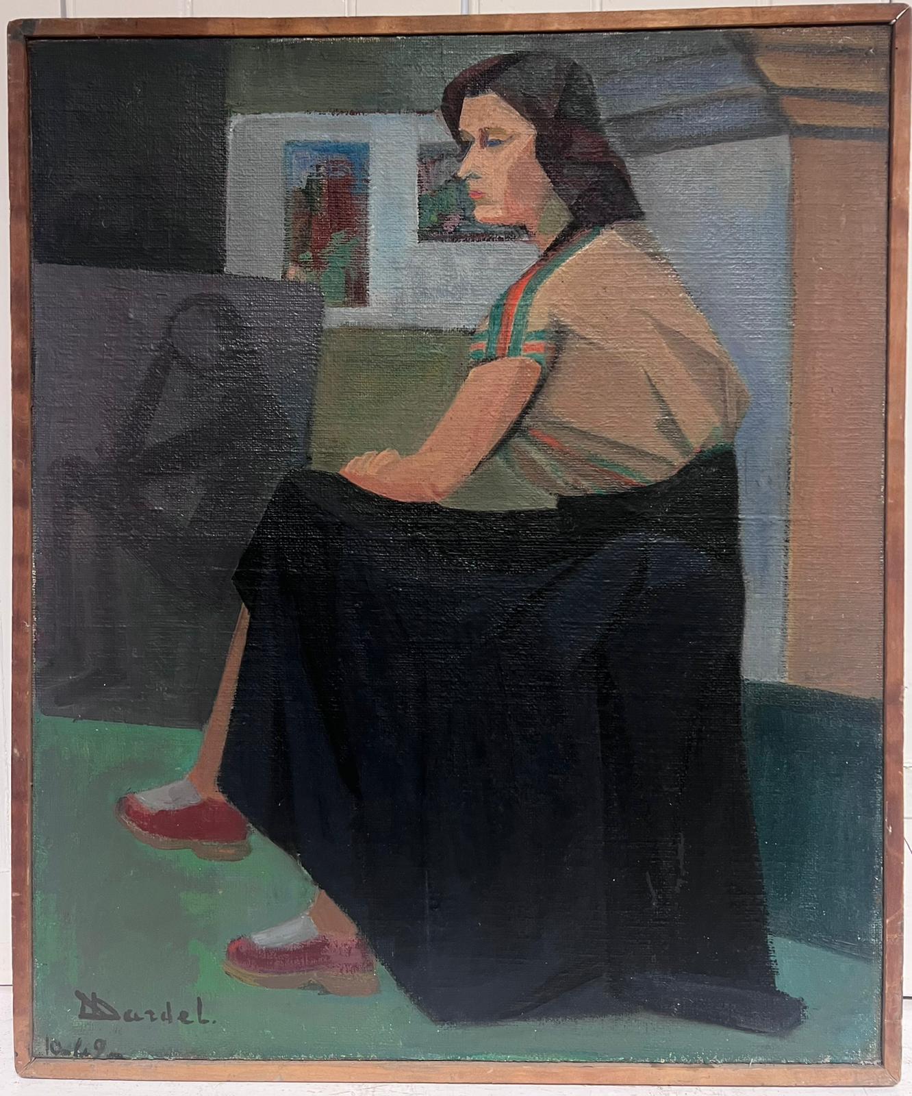 1940's Óleo Francés Firmado Retrato Dama Sentada en Interior Obra de Doble Cara - Painting Moderno de Denise Dardel