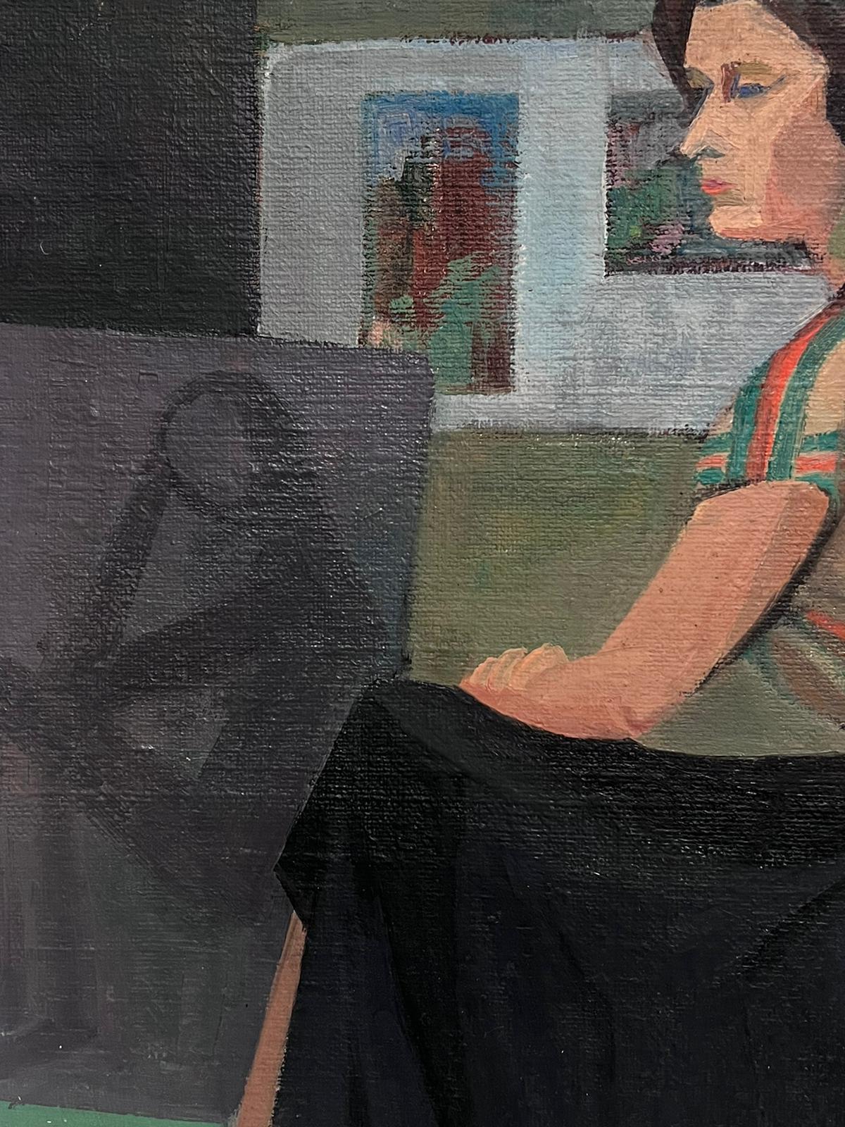 1940's Óleo Francés Firmado Retrato Dama Sentada en Interior Obra de Doble Cara 1