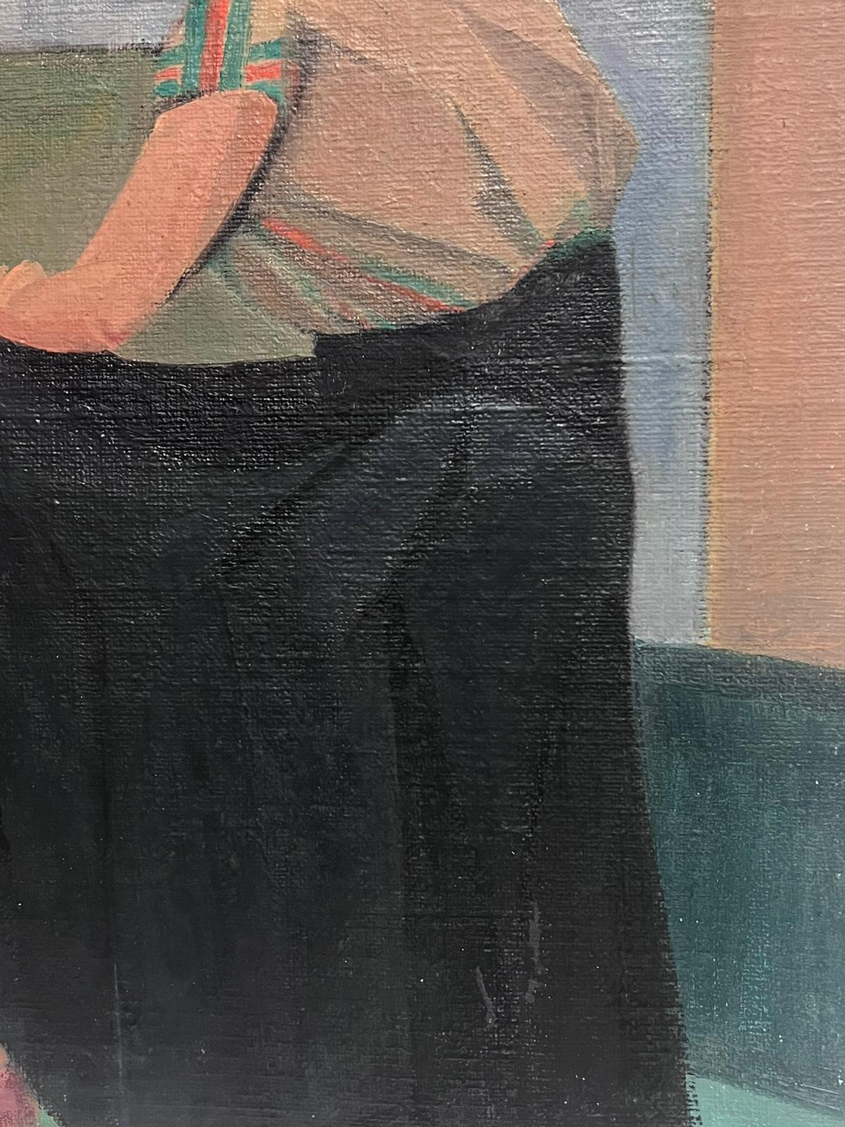 1940's Óleo Francés Firmado Retrato Dama Sentada en Interior Obra de Doble Cara 2