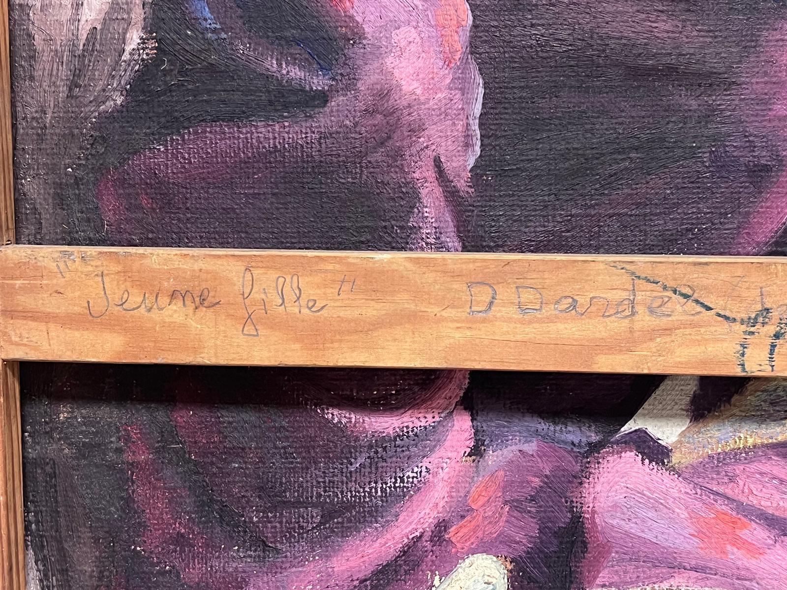 1940's Óleo Francés Firmado Retrato Dama Sentada en Interior Obra de Doble Cara 5