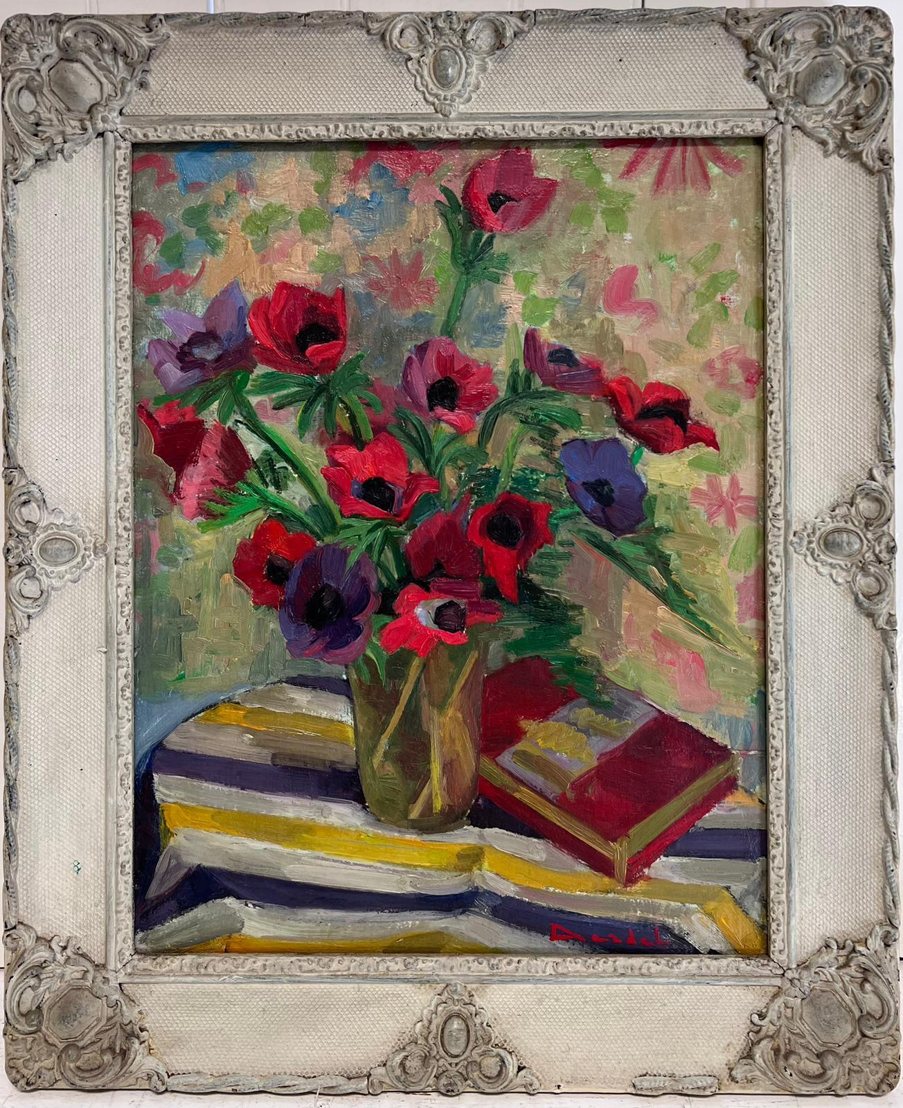 1950er Jahre Französisch Post Impressionist signiert Ölgemälde Vibrant Still Life Anemonies – Painting von Denise Dardel