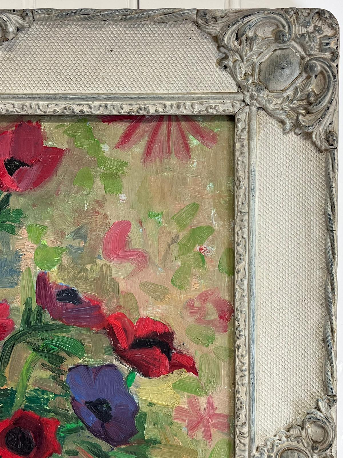 1950s French Post Impressionist Signed Oil Painting Vibrant Still Life Anemonies en vente 1