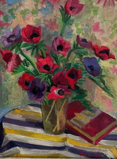 1950s French Post Impressionist Signed Oil Painting Vibrant Still Life Anemonies