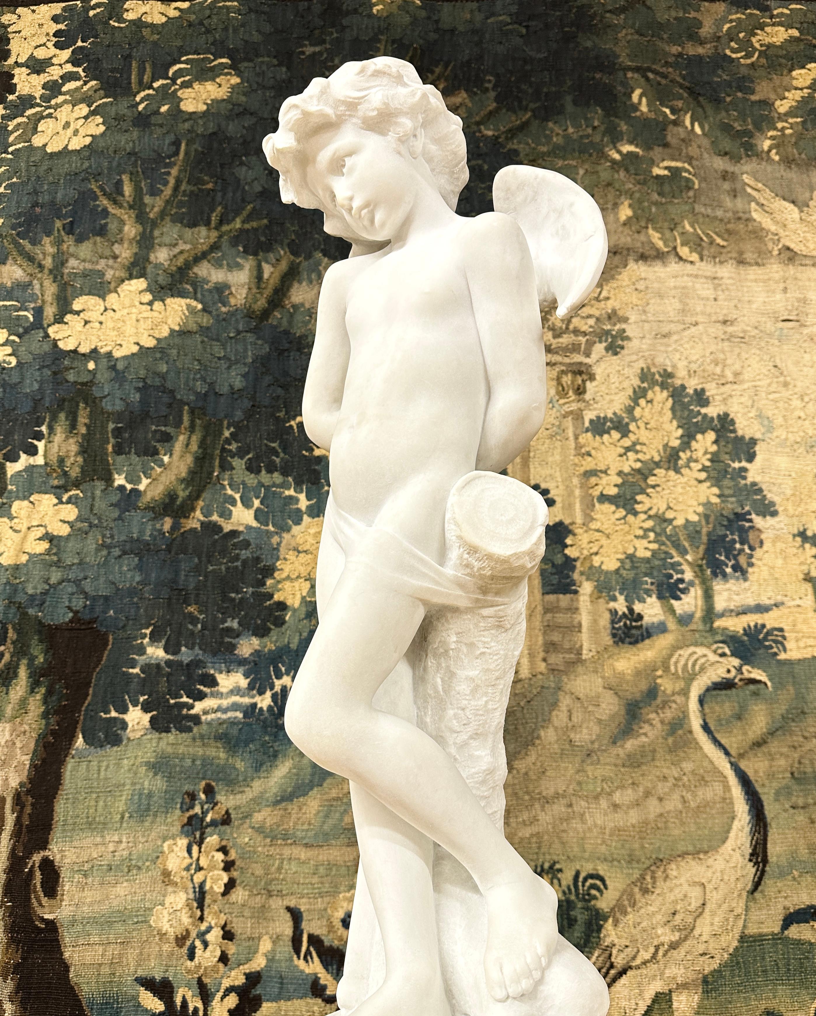 Denise Delavigne - Statue Of Cupid In White Marble, Signed In Excellent Condition In NONANCOURT, FR