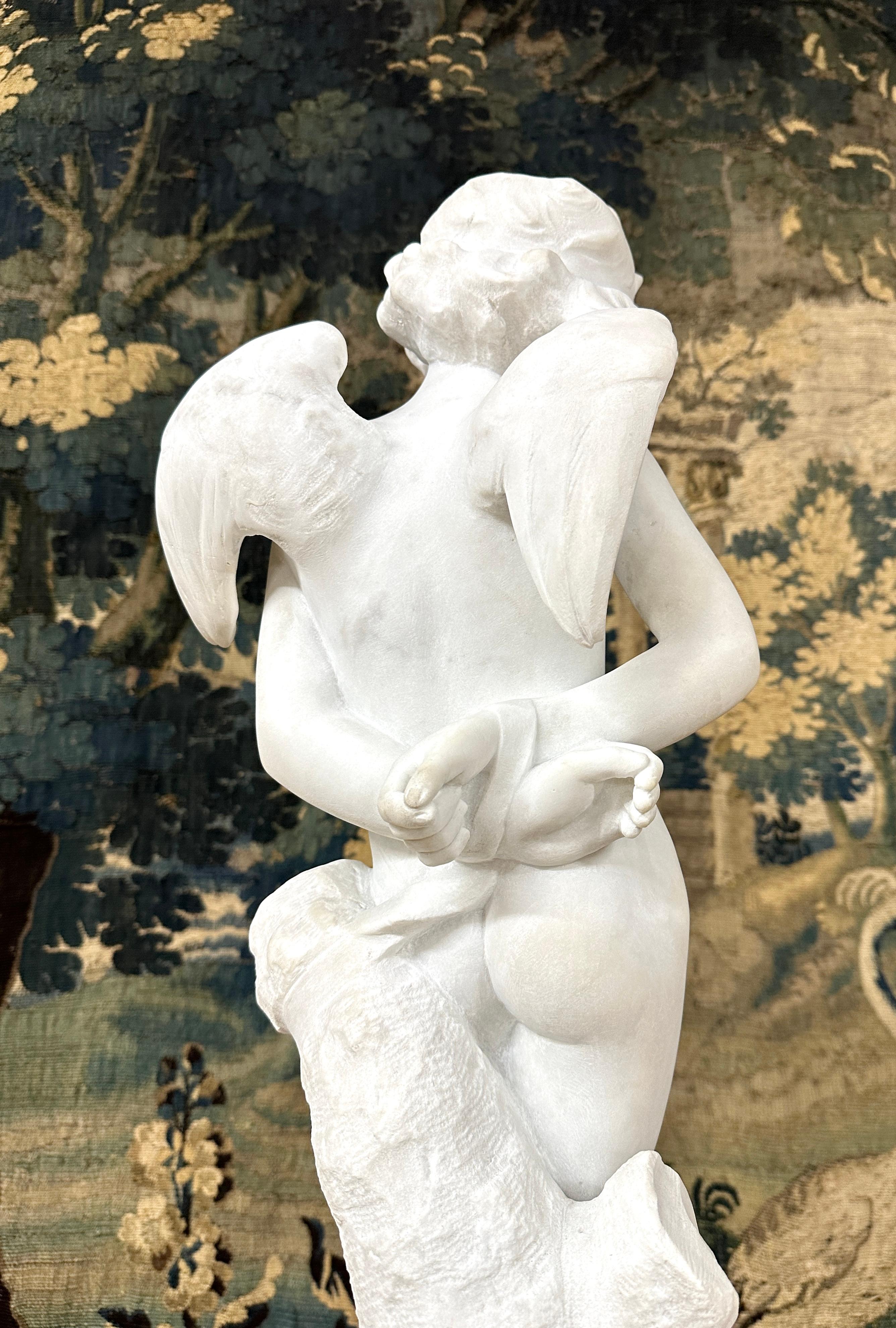 Carrara Marble Denise Delavigne - Statue Of Cupid In White Marble, Signed