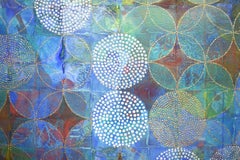 "Circles 31 (Elusive)", abstract, acrylic painting, green, teal, gold, coral