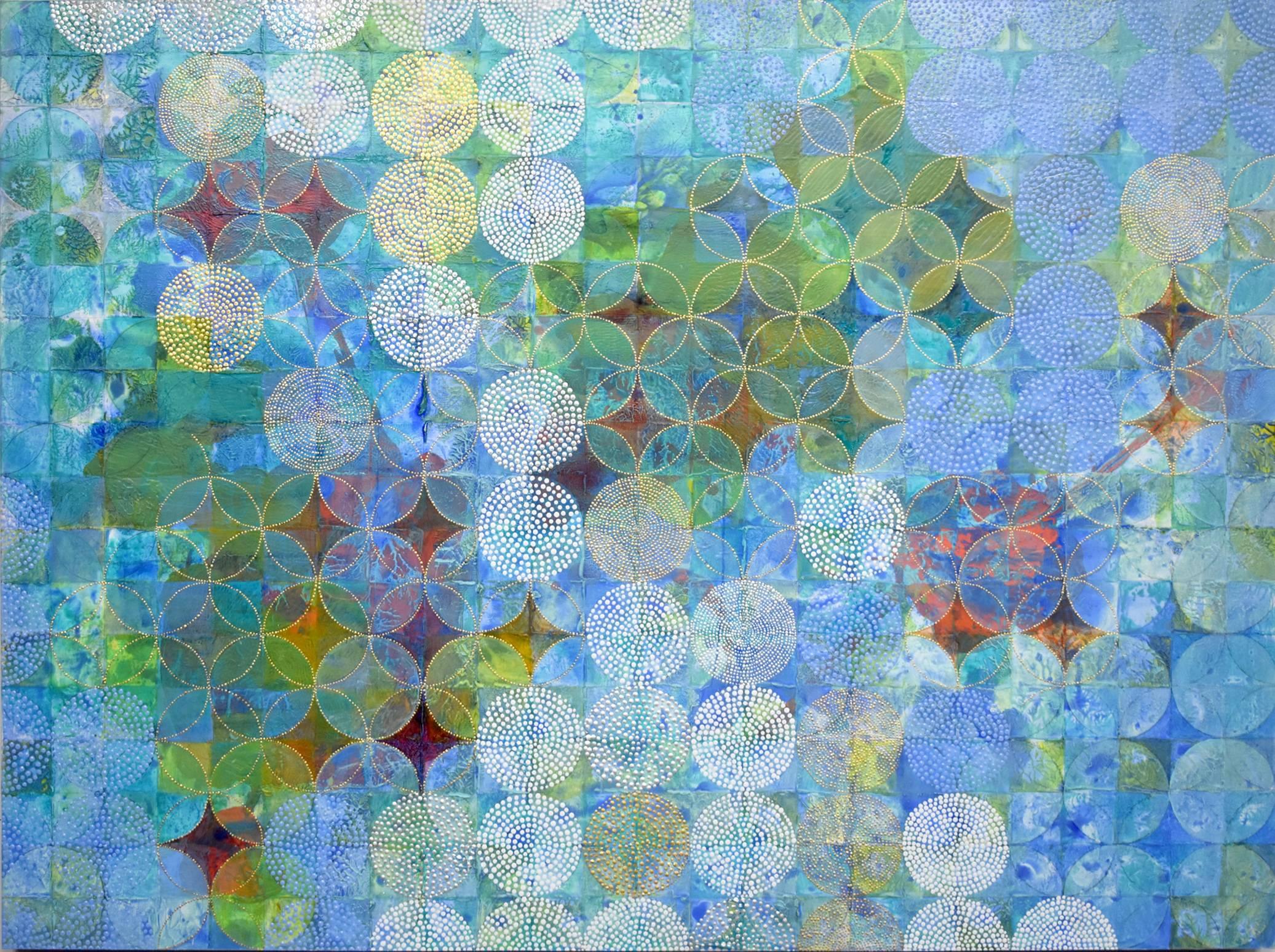 "Circles 31 (Elusive)", abstract, acrylic painting, green, teal, gold, coral - Mixed Media Art by Denise Driscoll