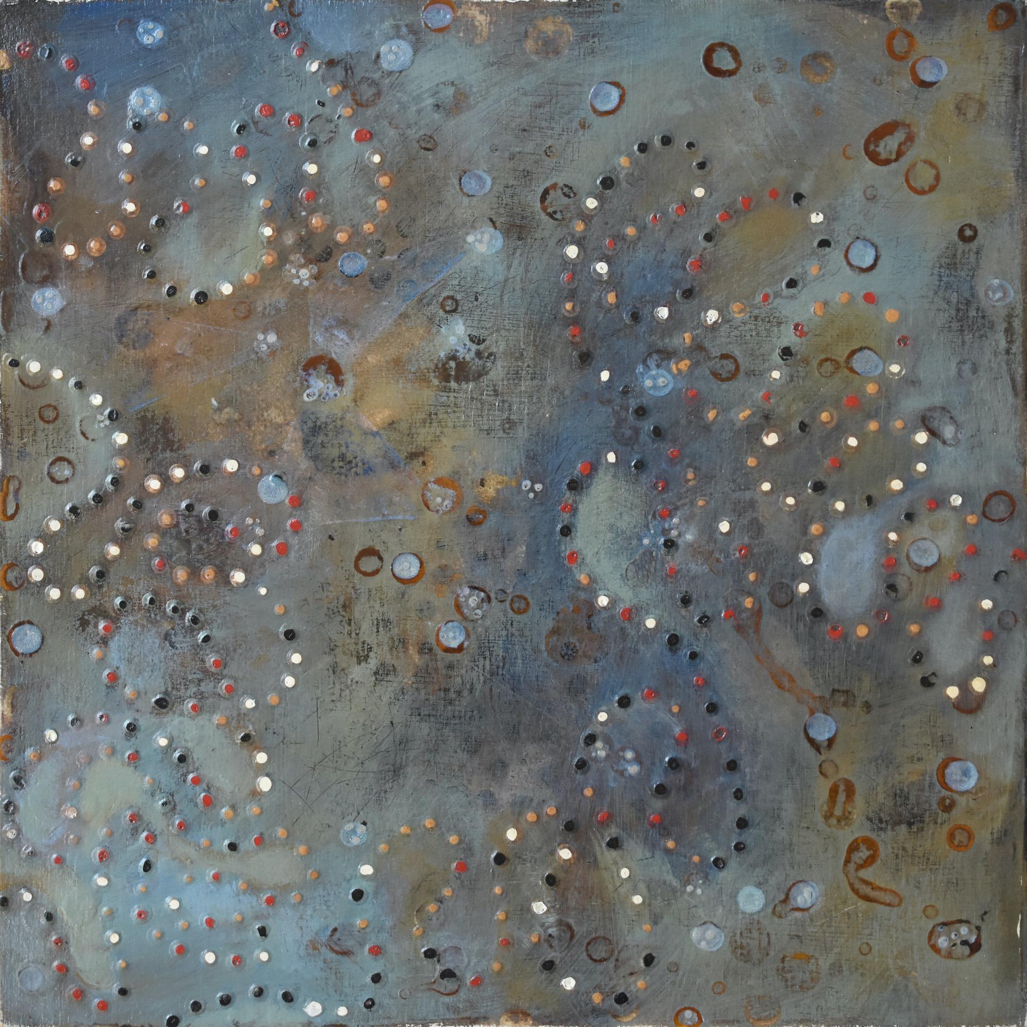 Denise Driscoll Abstract Painting - "ATCG 2", abstract, dots, green, blue, ochre, red, gold, mixed media, painting