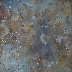 "ATCG 2", abstract, dots, green, blue, ochre, red, gold, mixed media, painting