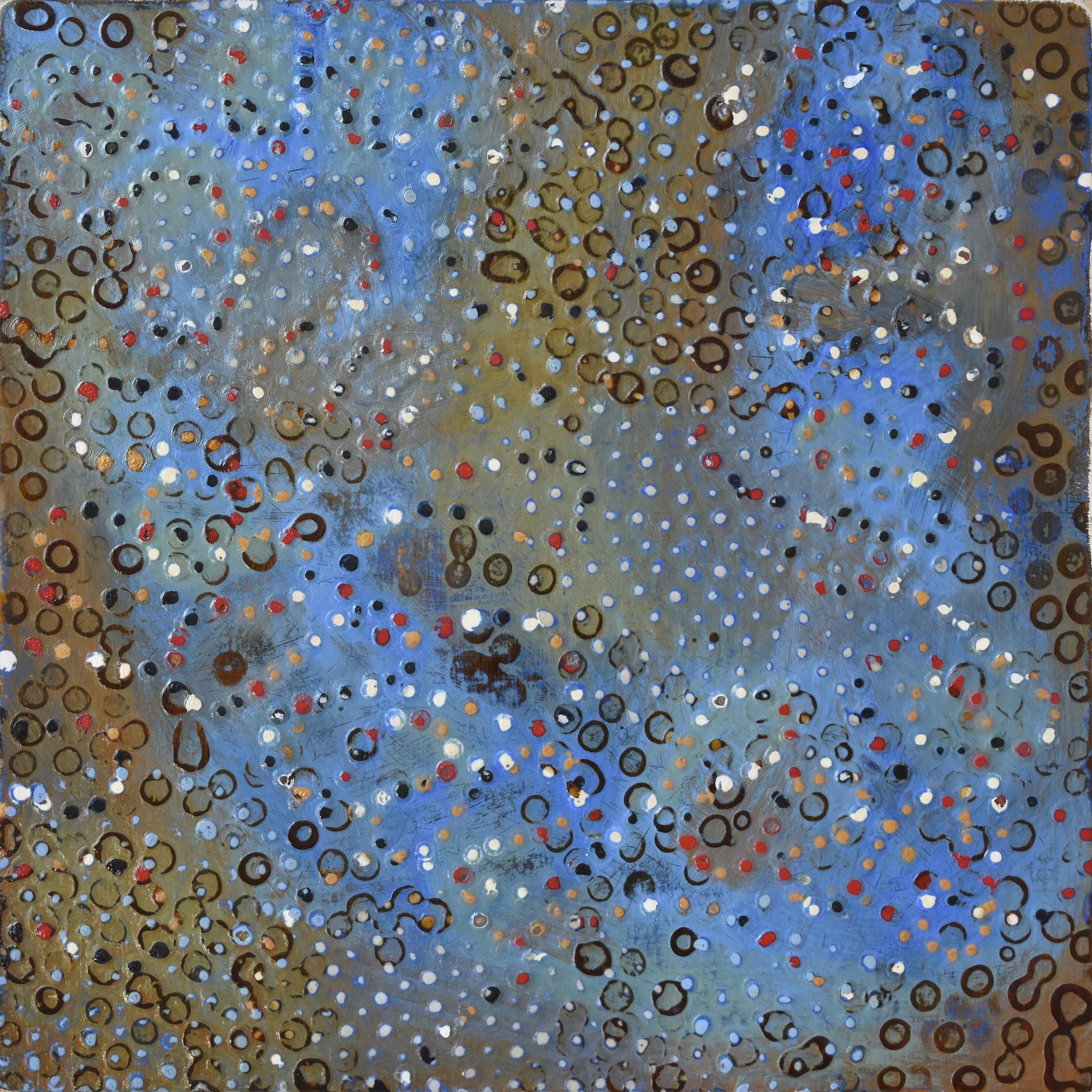 Denise Driscoll Abstract Painting - "ATCG 3", abstract, dots, green, blue, ochre, red, gold, mixed media, painting