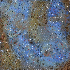 "ATCG 3", abstract, dots, green, blue, ochre, red, gold, mixed media, painting